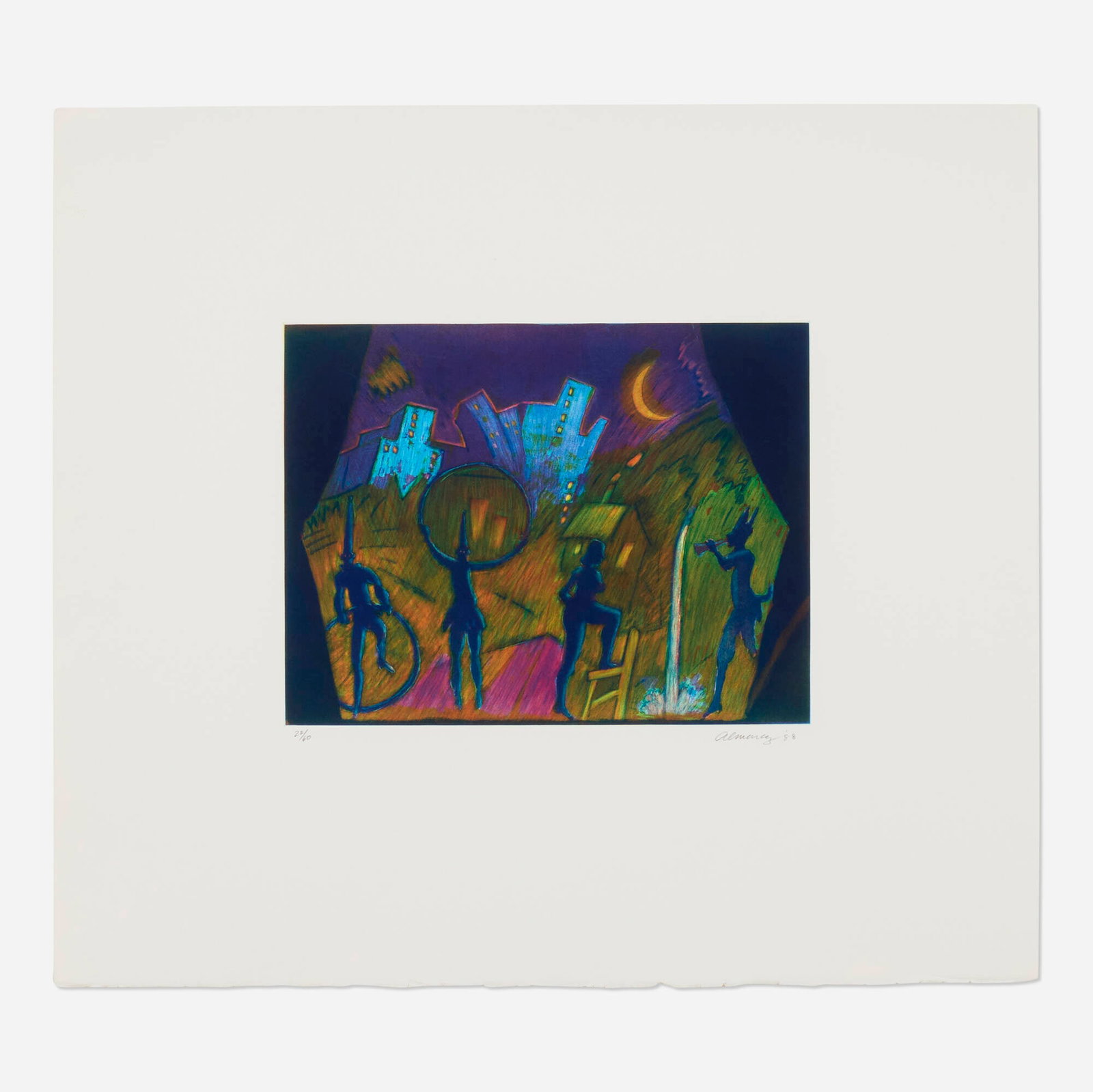 Carlos Almaraz, Moonlight Theater: Carlos Almaraz Moonlight Theater 1988 etching and aquatint in colors image: 9.75 h x 12.75 w in (25 x 32 cm) sheet: 21.5 h x 24 w in (55 x 61 cm) Signed, dated, and numbered to lower edge '22/60