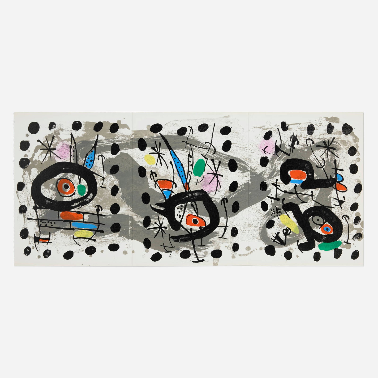 Joan Miro, Oiseau solaire, oiseau lunaire, etincelles: Joan Miro Oiseau solaire, oiseau lunaire, etincelles 1967 lithograph in colors 12.25 h x 27.75 w in (31 x 70 cm) folded: 12.25 h x 9.5 w in (31 x 24 cm) This work is apart from the edition of 75