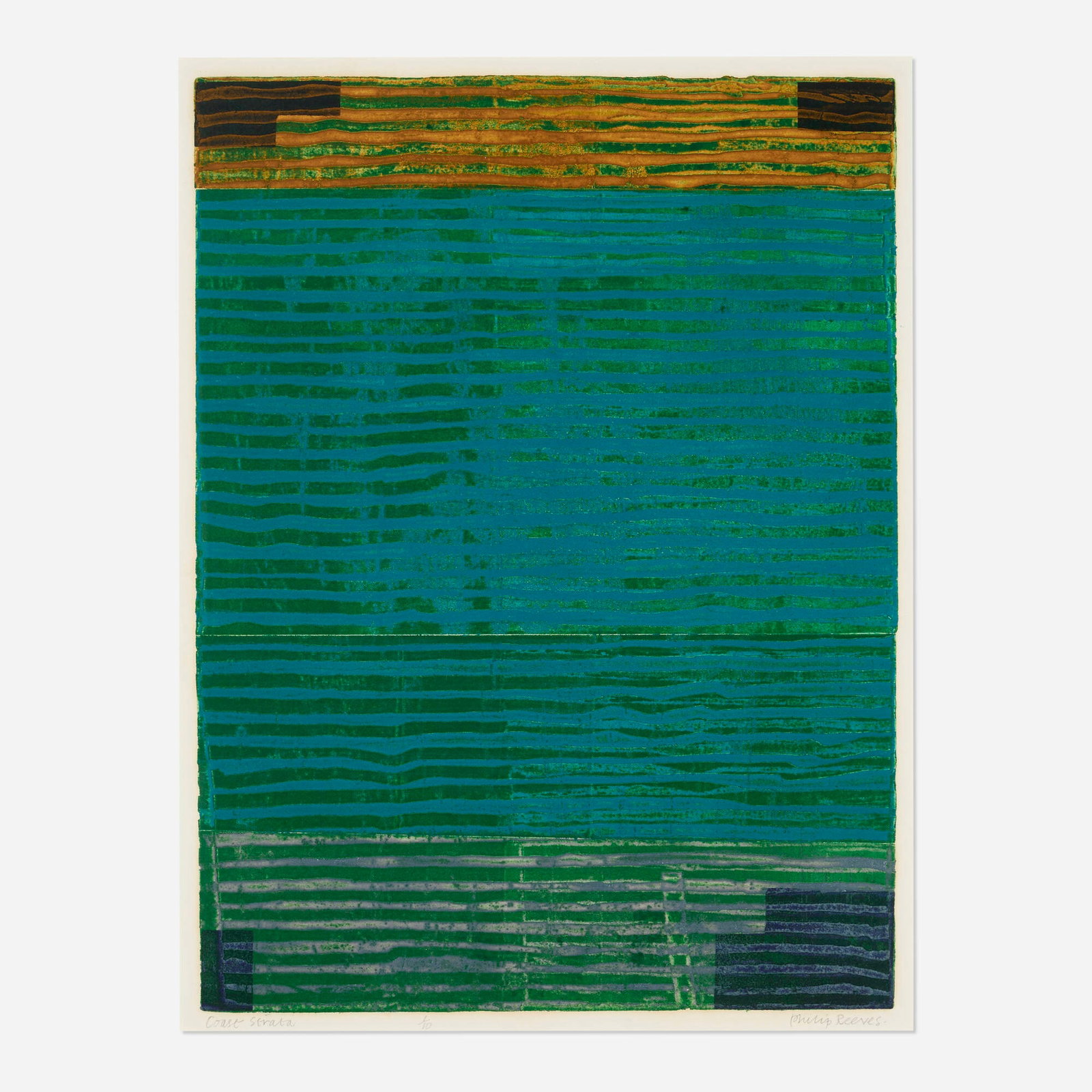Philip Reeves, Coast Strata: Philip Reeves Coast Strata 1967 embossed etching in colors image: 23.25 h x 17.5 w in (59 x 44 cm) sight: 34 h x 28 w in (86 x 71 cm) Signed, titled and numbered to lower edge 'Coast Strata 1/10