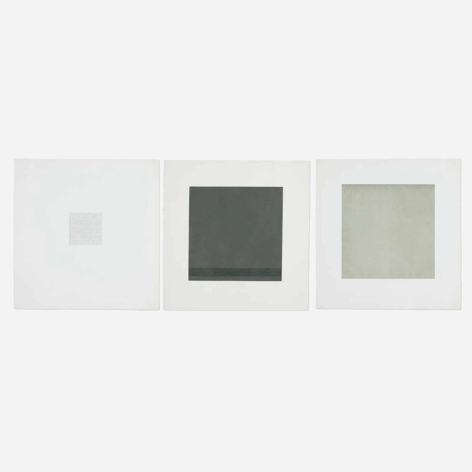 Edda Renouf, Three works from the Clusters series: Edda Renouf Three works from the Clusters series 1976 etching and aquatint on BFK Rives 22.875 h x 21.875 w in (58 x 56 cm) 22.75 h x 22.25 w in (58 x 57 cm) 22.875 h x 21.875 w in (58 x 56 cm)