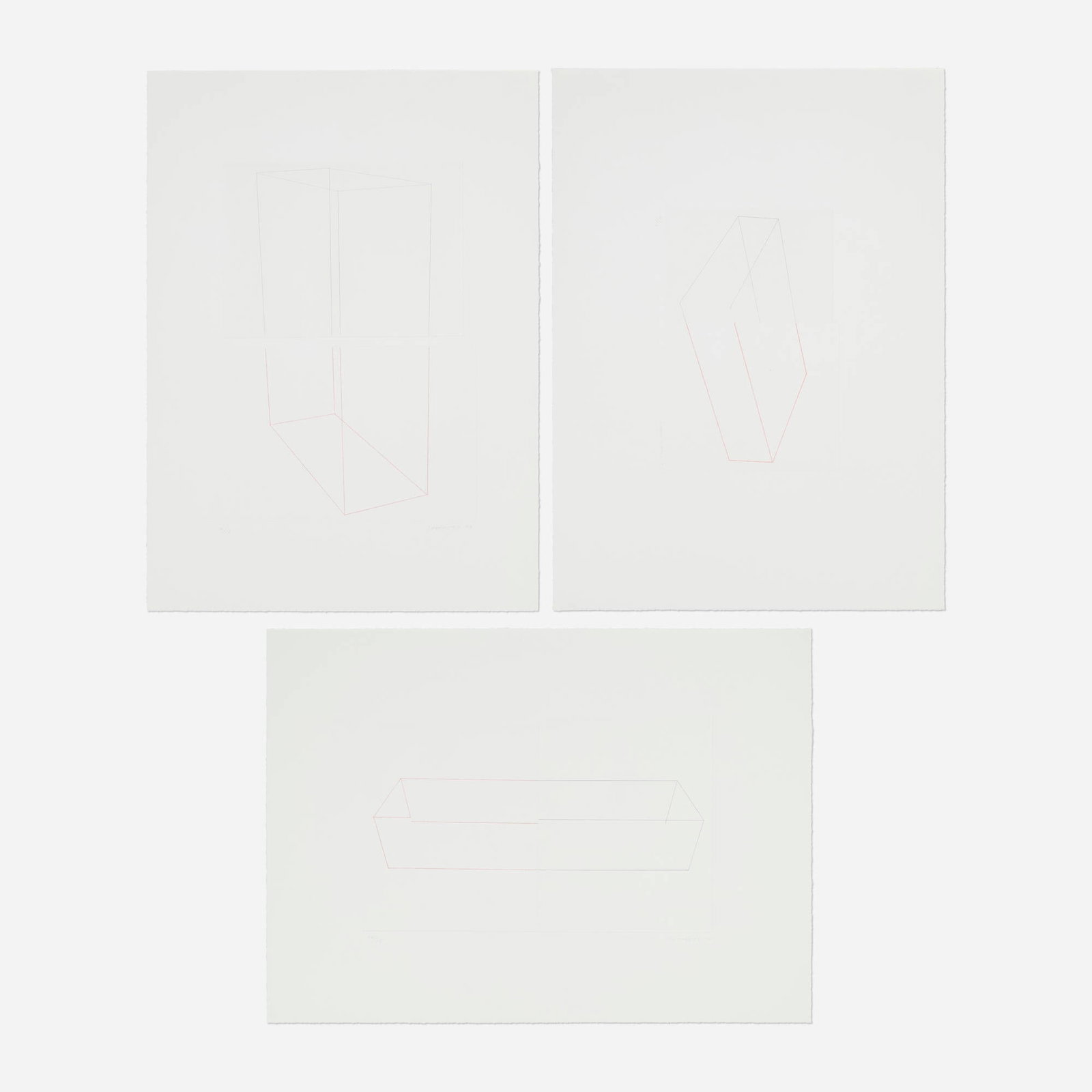 Kate Shepherd, Tall Box Leaning; Box with Dot; Long Flower Box (three works): Kate Shepherd Tall Box Leaning; Box with Dot; Long Flower Box (three works) 1999 hard and soft-ground etching in colors 14.5 h x 20.125 w in (37 x 51 cm) 14.5 h x 20.125 w in (37 x 51 cm) 20 h x 14.5