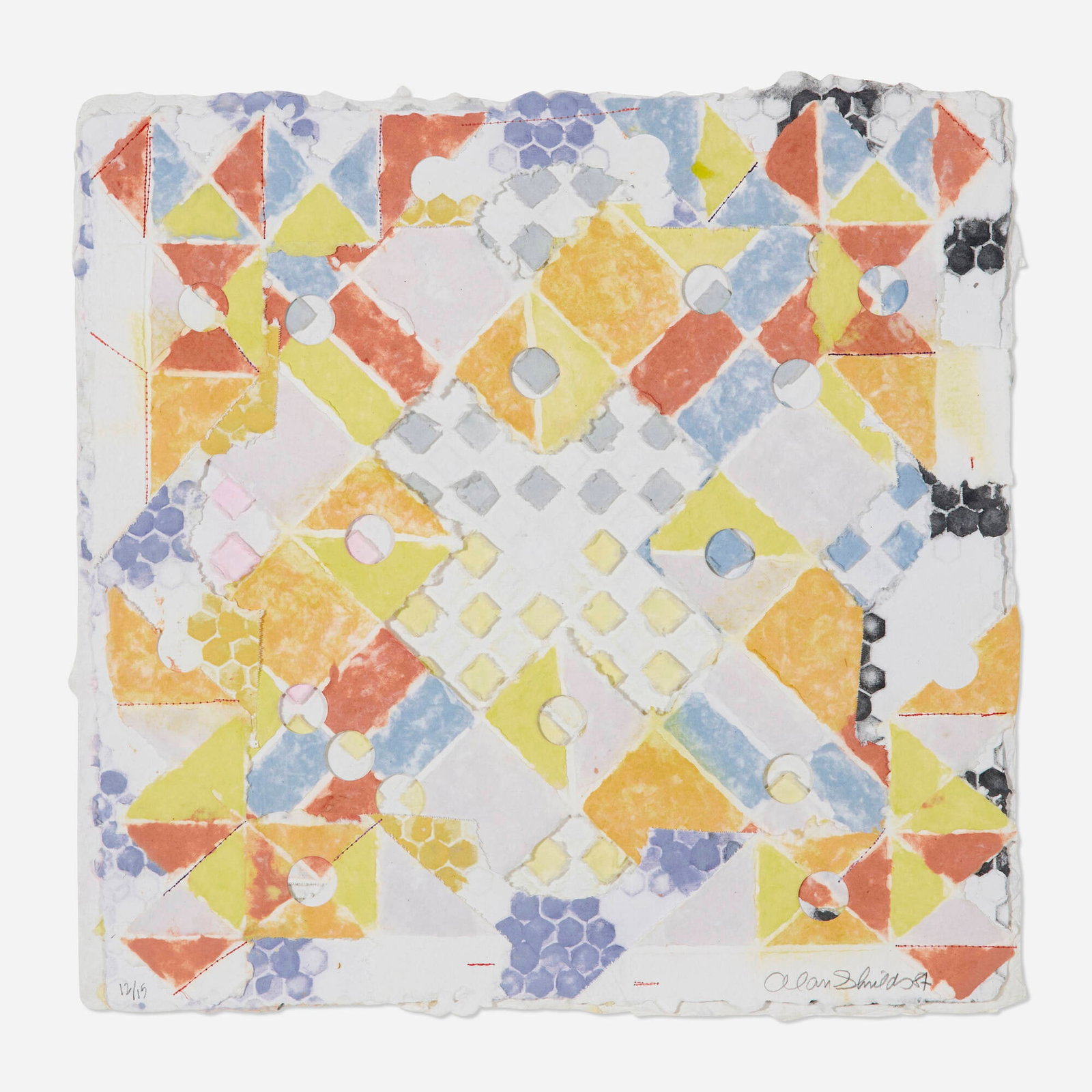 Alan Shields, King Sponge (from the Soft and Fluffy Gears series): Alan Shields King Sponge (from the Soft and Fluffy Gears series) 1987 punched, glued, sewn and assembled handmade paper 18.75 h x 18.75 w in (48 x 48 cm) Signed, dated, and numbered to lower edge