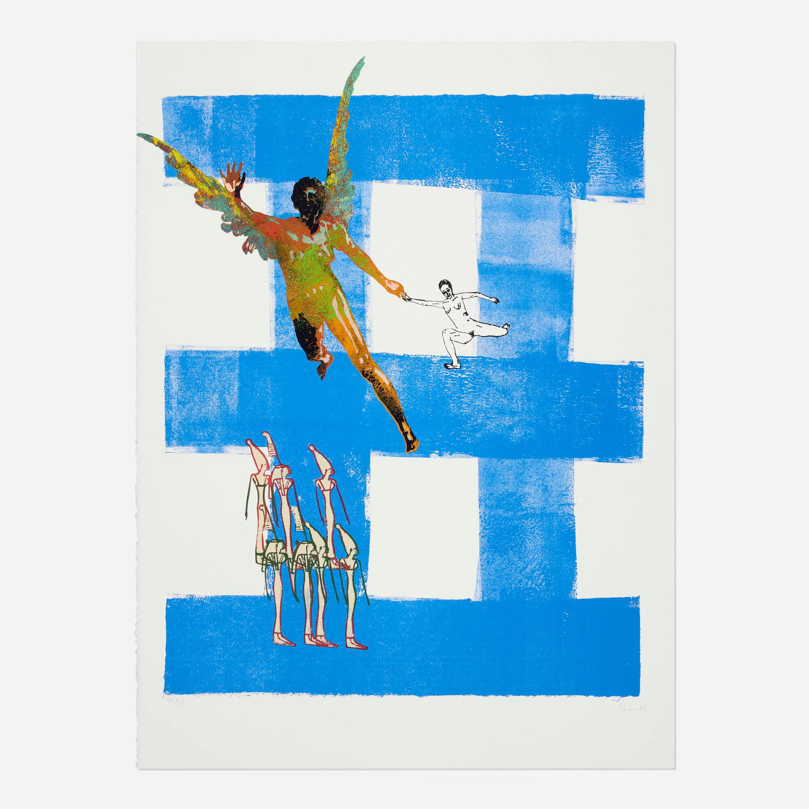 Nancy Spero, Airborne (from the Exit 8 portfolio): Nancy Spero Airborne (from the Exit 8 portfolio) 1998 screenprint with collage on Somerset velvet image: 26.25 h x 19.625 w in (67 x 50 cm) sheet: 29.625 h x 22.125 w in (75 x 56 cm) Signed, dated,