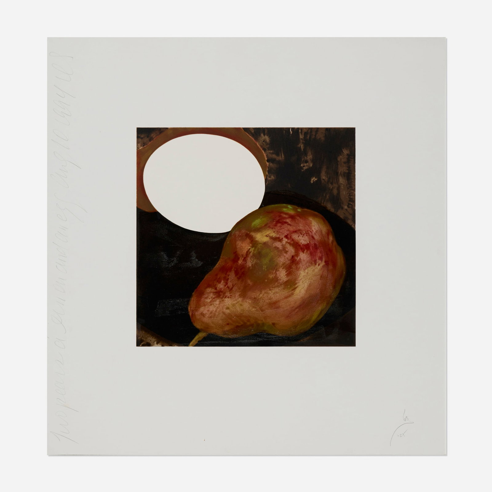 Donald Sultan, Two Pears, a Lemon, and an Egg (from the Fruits and Flowers III series): Donald Sultan Two Pears, a Lemon, and an Egg (from the Fruits and Flowers III series) 1994 screenprint in colors image: 11.875 h x 12 w in (30 x 30 cm) sheet: 22.75 h x 21.875 w in (58 x 56 cm)