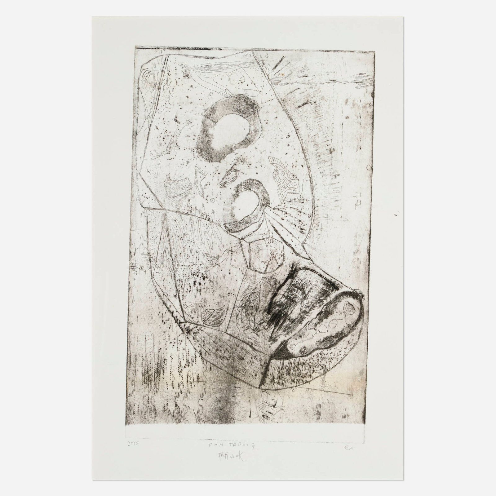 TARWUK, Foh Trucis: TARWUK Foh Trucis 2015 etching image: 17.625 h x 10.875 w in (45 x 28 cm) sight: 21 h x 14.375 w in (53 x 37 cm) Signed, titled, dated and numbered to lower edge '2015 Foh Trucis Tarwuk EA'. This