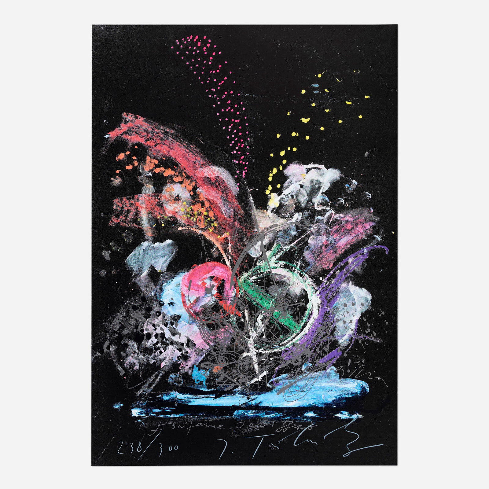 Jean Tinguely, Fontaine Jo Siffert: Jean Tinguely Fontaine Jo Siffert (from the Eight by Eight to Celebrate the Temporary Contemporary portfolio) 1984 screenprint in colors on Technosil 41.25 h x 28.75 w in (105 x 73 cm) This work is
