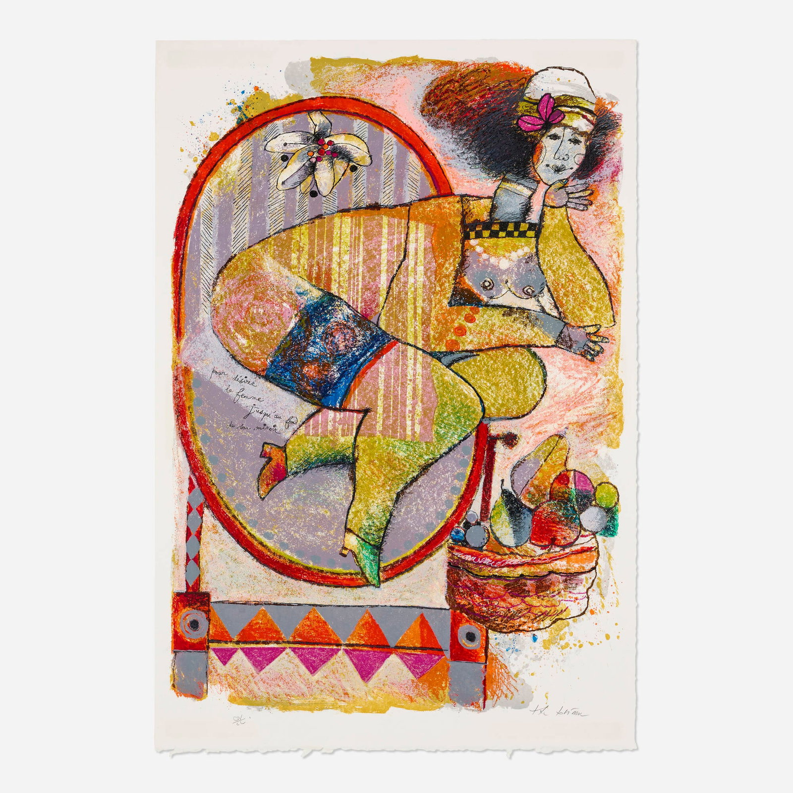 Theo Tobiasse, Pour desirer la femme jusqu'au fond de son miroir: Theo Tobiasse Pour desirer la femme jusqu'au fond de son miroir lithograph in colors image: 40 h x 27.5 w in (102 x 70 cm) sheet: 43.25 h x 29.25 w in (110 x 74 cm) Signed and numbered to lower edge