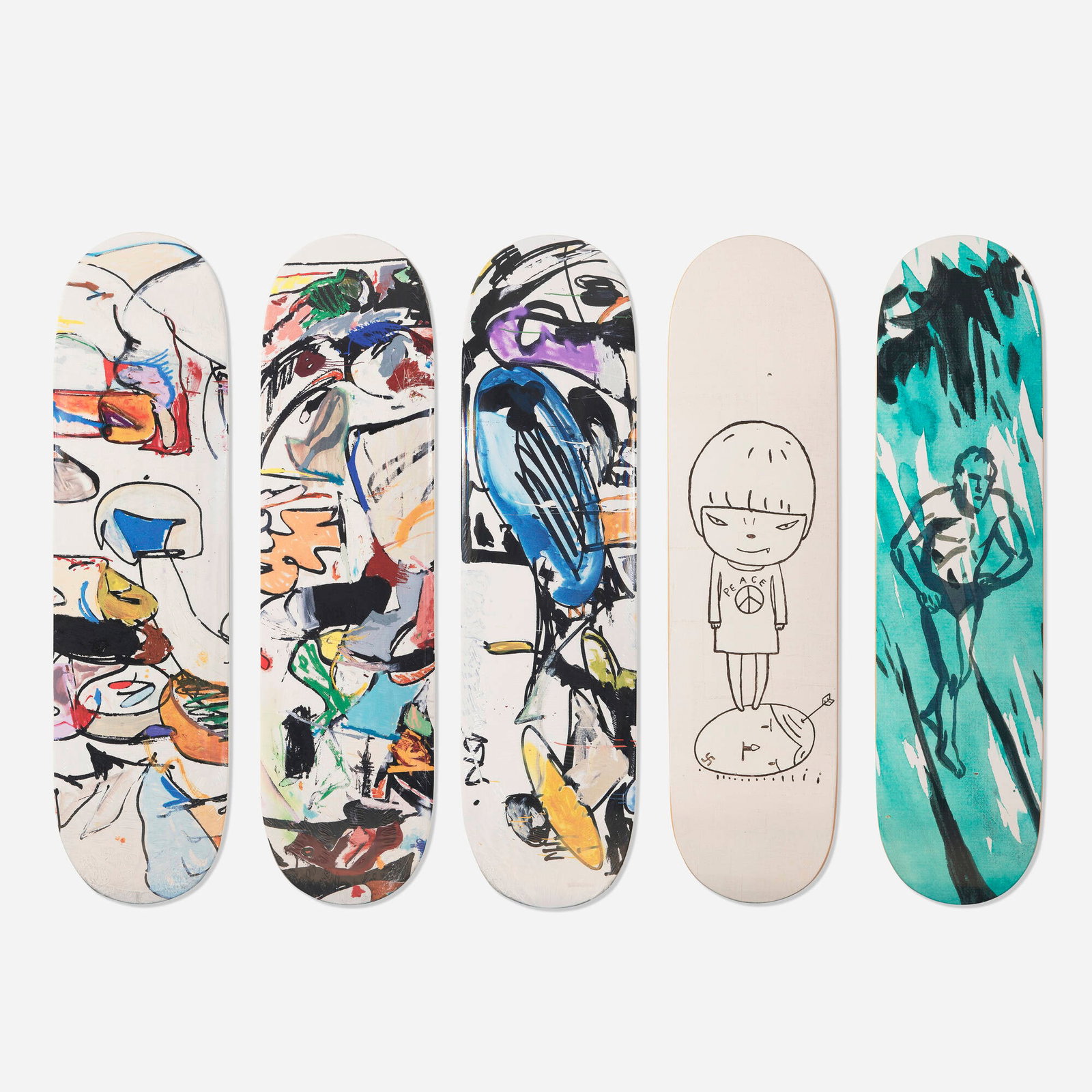 Various Artists, Collection of five skate decks: Various Artists Collection of five skate decks 2020 archival photo print and silkscreen on seven-ply 100% maple each: 31.75 h x 8.25 w x 1.75 d in (81 x 21 x 4 cm) Lot consists of Eddie Martinez X