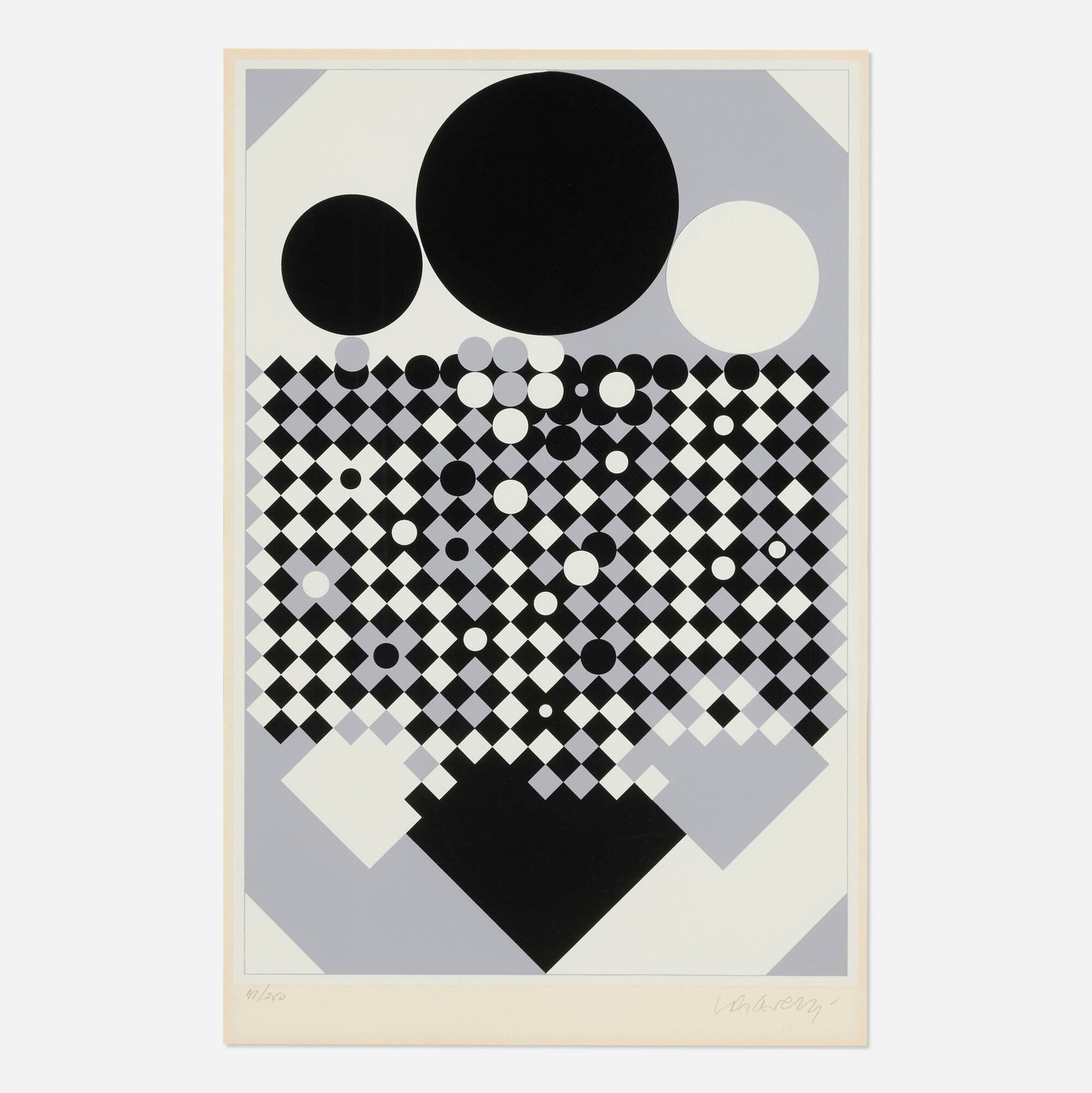 Victor Vasarely, Antares: Victor Vasarely Antares 1970 screenprint in colors image: 18.25 h x 12.375 w in (46 x 31 cm) sight: 19.875 h x 12.875 w in (50 x 33 cm) Signed and numbered to lower edge '47/250 Vasarely'.