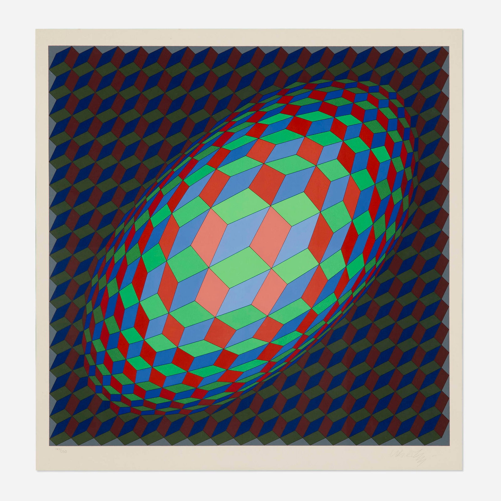 Victor Vasarely, Omega V: Victor Vasarely Omega V 1979 screenprint in colors image: 24.25 h x 24.25 w in (62 x 62 cm) sight: 27 h x 26 w in (69 x 66 cm) Signed and numbered to lower edge '142/250 Vasarely'. This