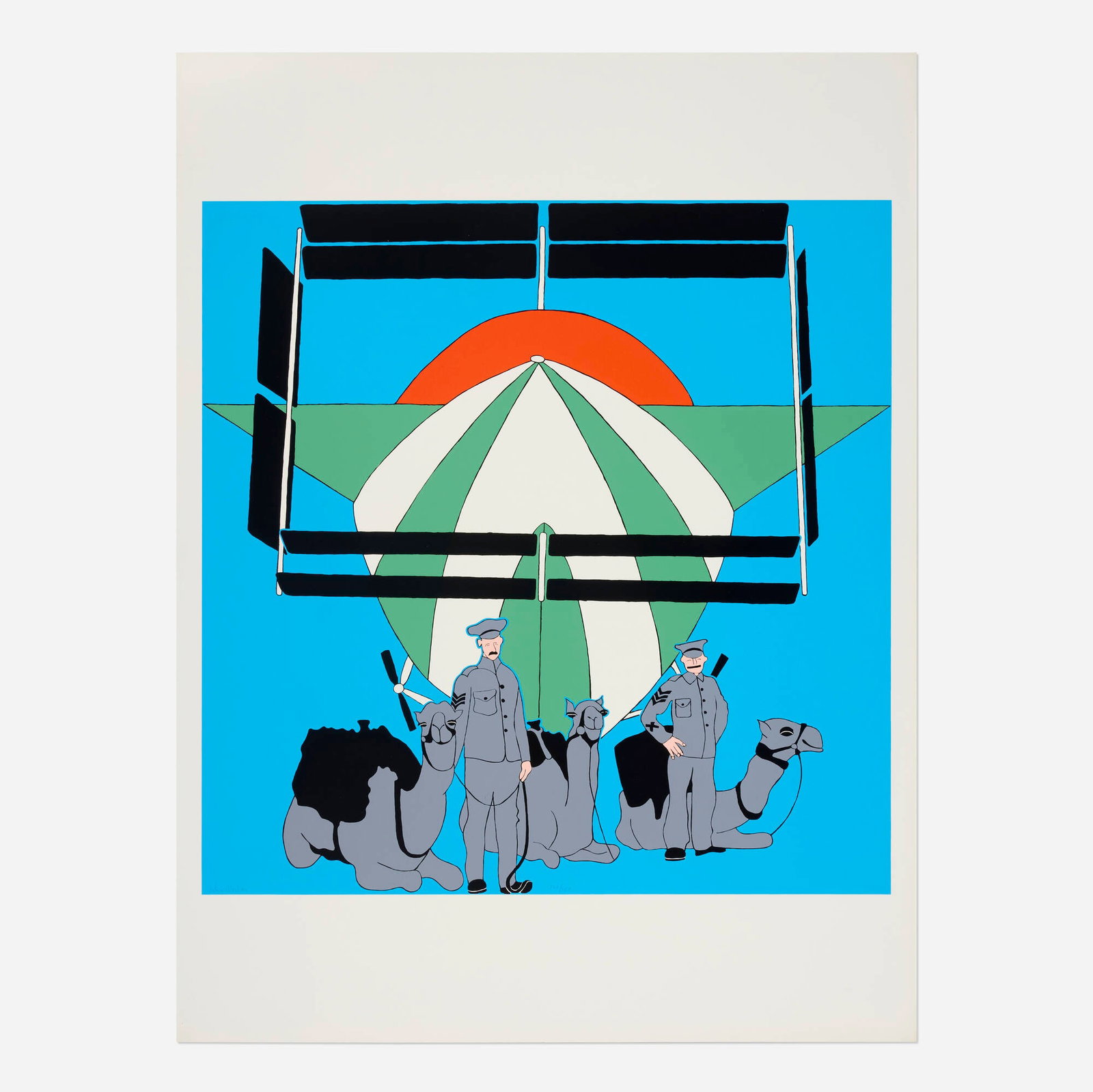 John Wesley, Anglo-Egyptian Camel Corps With French Dirigible: John Wesley Anglo-Egyptian Camel Corps With French Dirigible 1970 screenprint in colors image: 28 h x 27.75 w in (71 x 70 cm) sheet: 40 h x 30 w in (102 x 76 cm) Signed and numbered to lower left