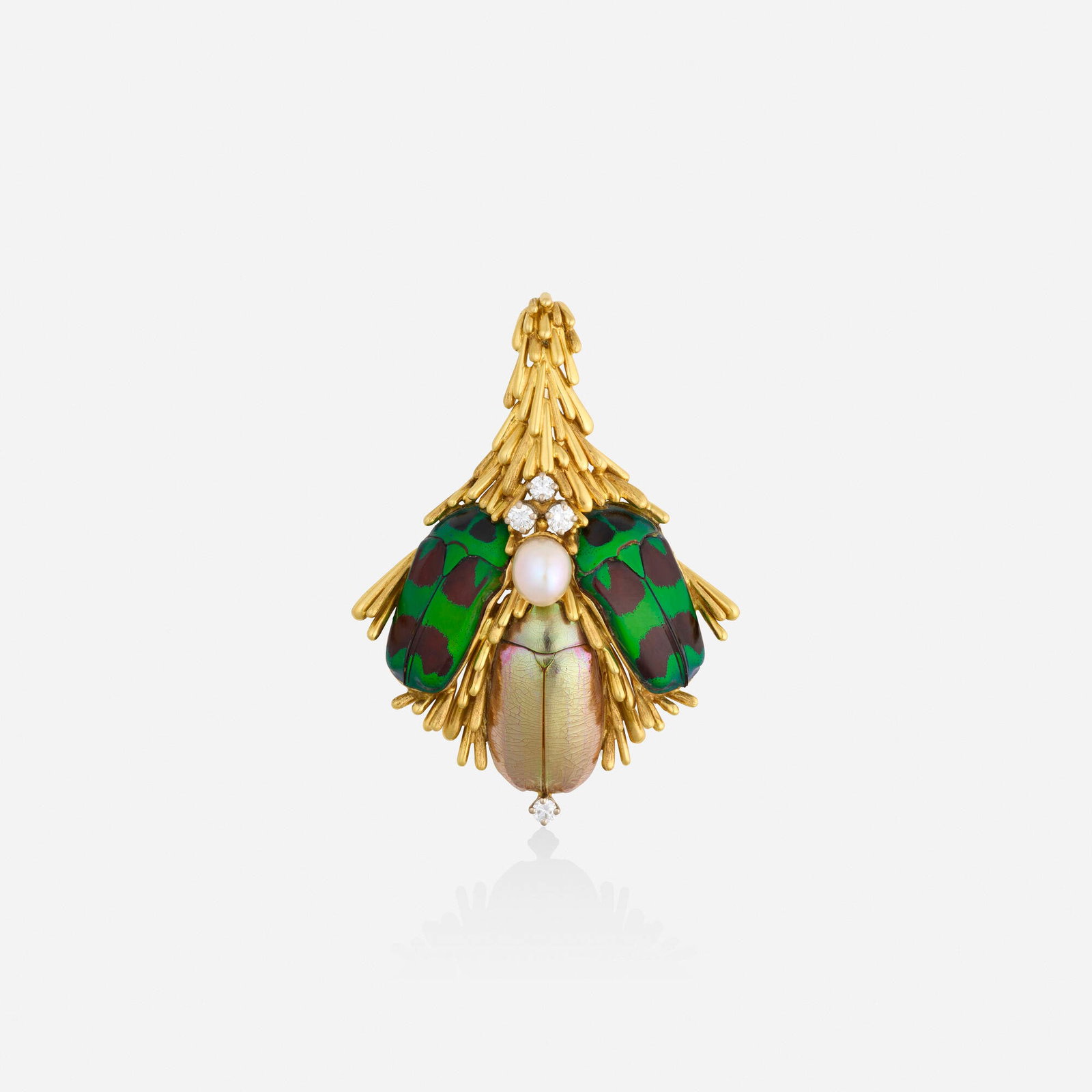 Gilbert Albert, Scarab, diamond, and cultured pearl pendant brooch: Gilbert Albert Scarab, diamond, and cultured pearl pendant brooch Lori Ulanova was one of the first female violinists in the Los Angeles Philharmonic Of freeform gold, set with scarab shells, round