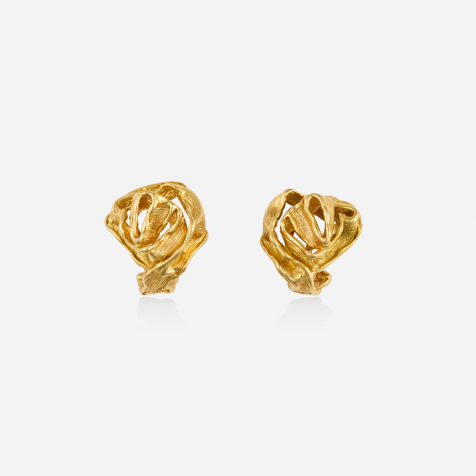Gilbert Albert, Gold earrings: Gilbert Albert Gold earrings Lori Ulanova was one of the first female violinists in the Los Angeles Philharmonic Each of freeform gold 18k yellow gold Signed with maker's mark for Gilbert Albert