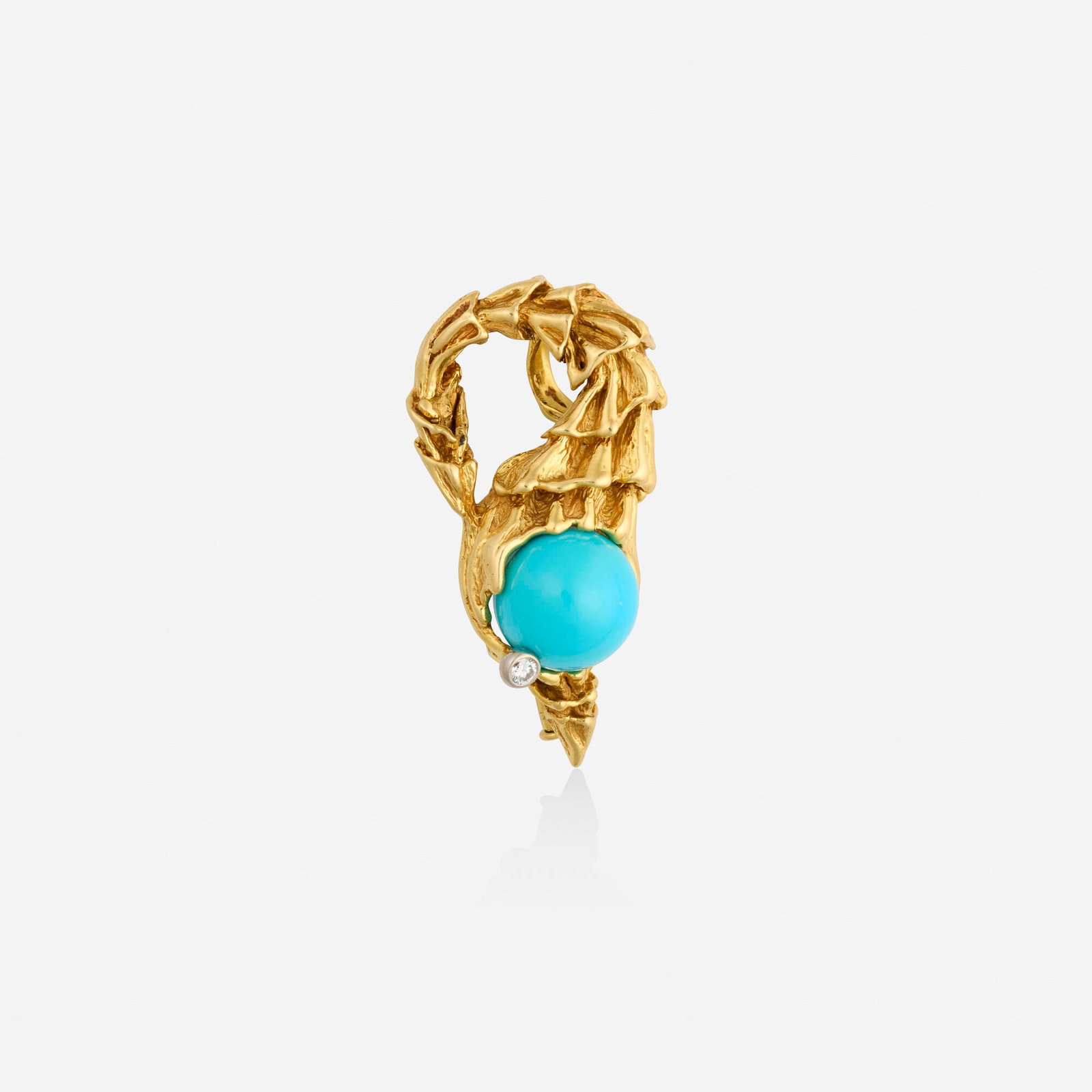 Gilbert Albert, Turquoise, diamond, and gold pendant brooch: Gilbert Albert Turquoise, diamond, and gold pendant brooch Lori Ulanova was one of the first female violinists in the Los Angeles Philharmonic Of textured gold, set with a turquoise bead and round