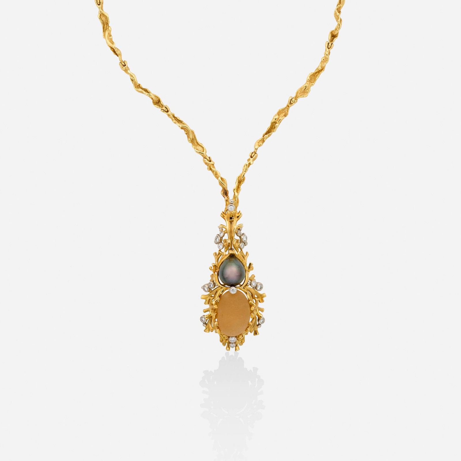 Gilbert Albert, Black cultured pearl, glass, and diamond necklace: Gilbert Albert Black cultured pearl, glass, and diamond necklace Lori Ulanova was one of the first female violinists in the Los Angeles Philharmonic Of freeform gold, the detachable pendant set with