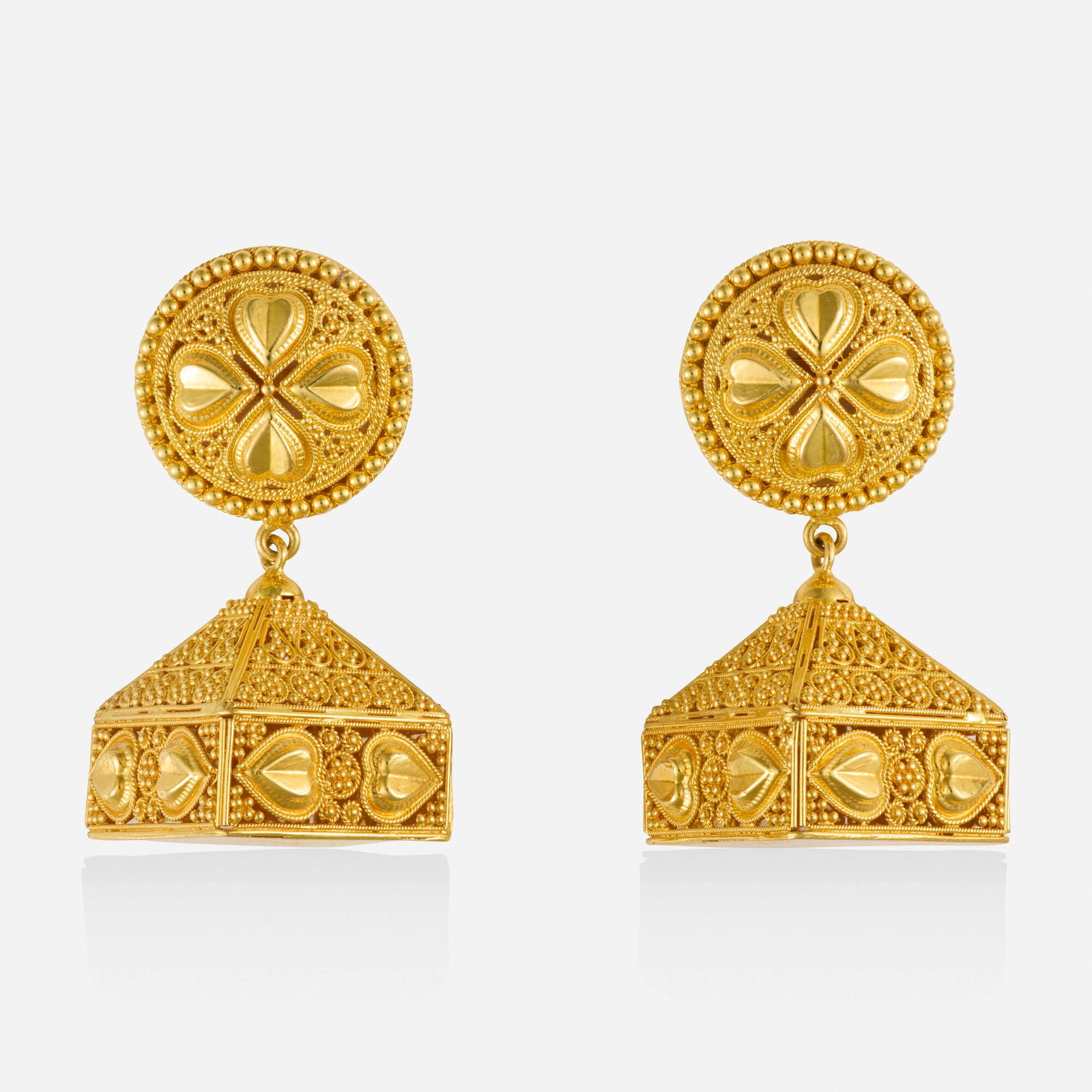 Gold earrings: Gold earrings Each of roped and granulated gold 21k yellow gold 1.75 x 0.75 in; Gross weight 18.1 dwts This work will ship from Lambertville, New Jersey.