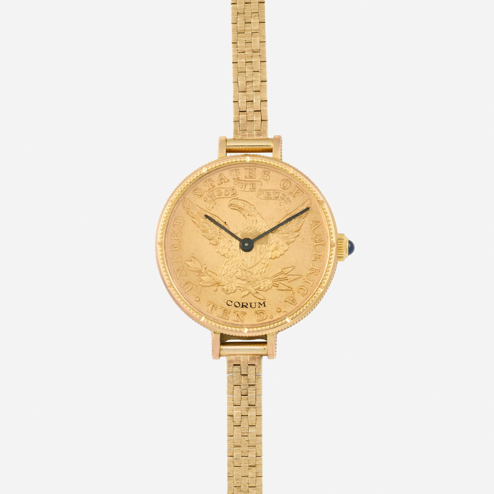 Corum, 'Ten Dollar Coin' gold wristwatch: Corum 'Ten Dollar Coin' gold wristwatch With $10 coin dial Dial: Gold Movement: Manual wind Case Material: Yellow gold Case Size: 28 mm Buckle/Strap: Tiffany & Co. 6 in Clasp/Buckle: Jewelry fold