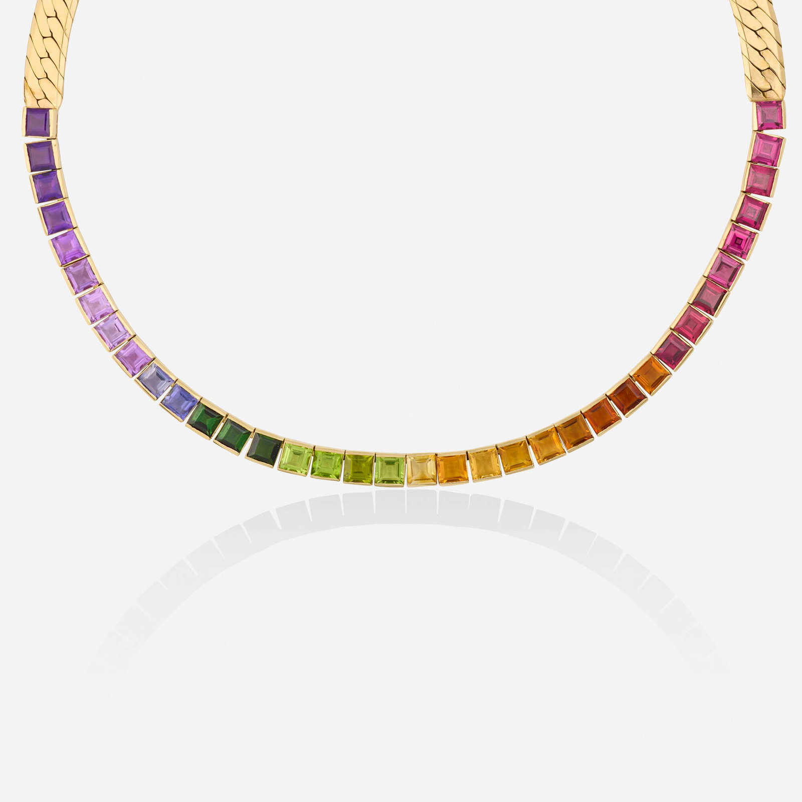 Italian, Multi-gem and gold necklace: Italian Multi-gem and gold necklace Set with rhodolite garnets, citrine, peridot, iolite, and amethyst, joined by the flat curb link chain 14k yellow gold 16 in; Gross weight 26.4 dwts Thi