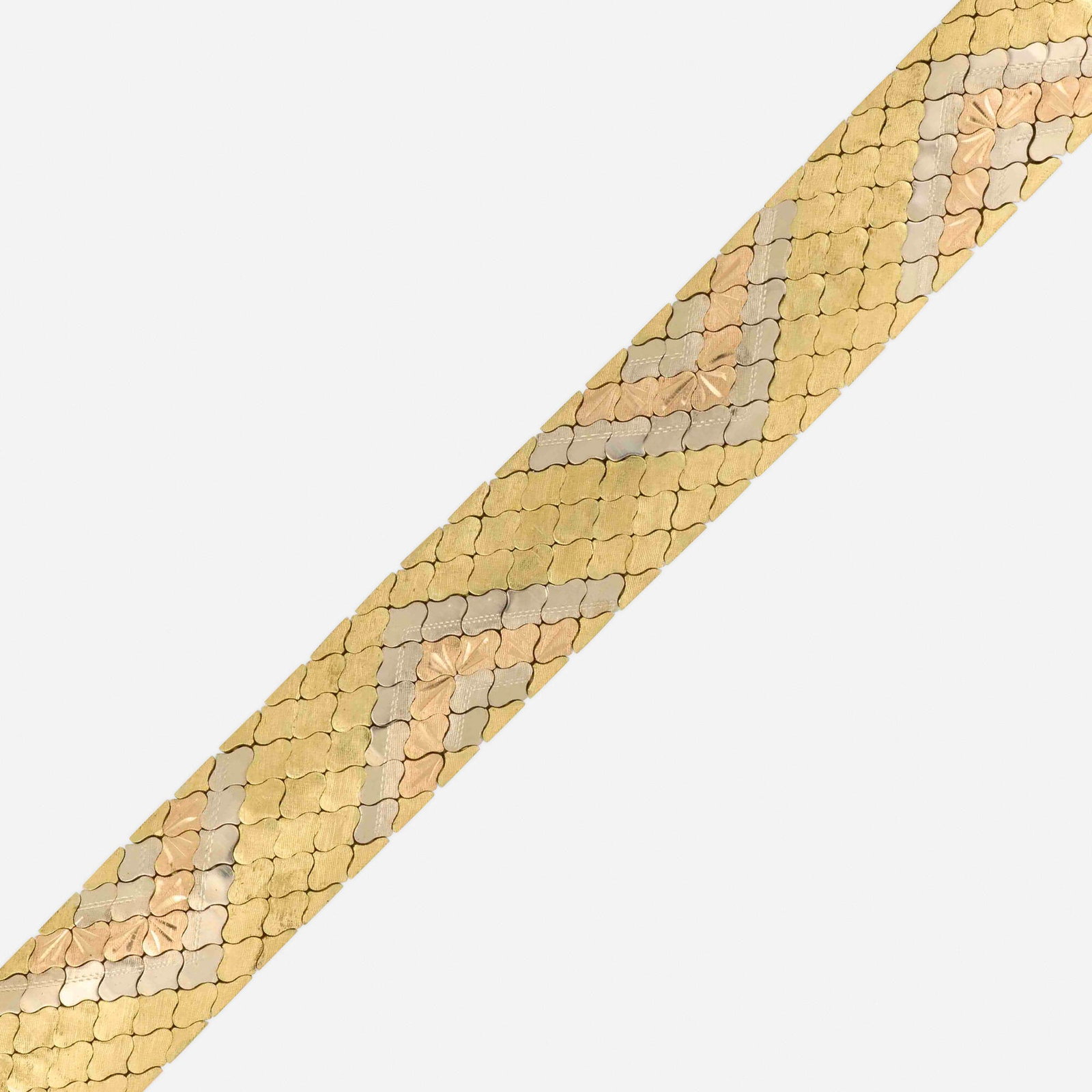 Italian, Tricolor gold bracelet: Italian Tricolor gold bracelet Of engine-turned design 18k yellow, white, and pink gold 7.875 x 0.875 in; Gross weight 45.0 dwts Provenance: Estate of Stuart Brown, Rockaway, NJ This work will ship