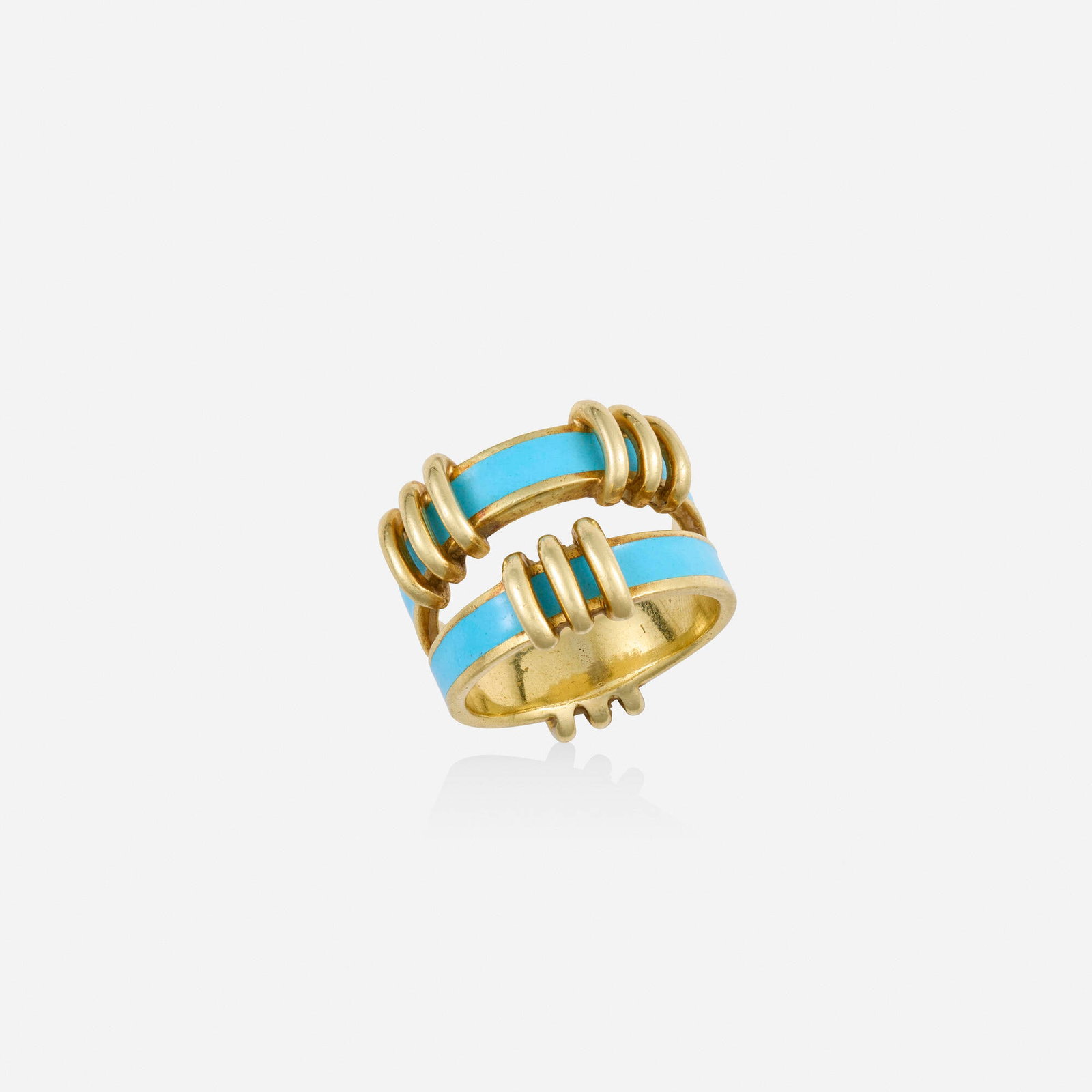 Jean Schlumberger for Tiffany & Co., Enamel and gold ring: Jean Schlumberger for Tiffany & Co. Enamel and gold ring Designed with two rows of light blue enamel and gold bars 18k yellow gold Signed Schlumberger Tiffany Ring size 6; Gross weight 6.7 dwts