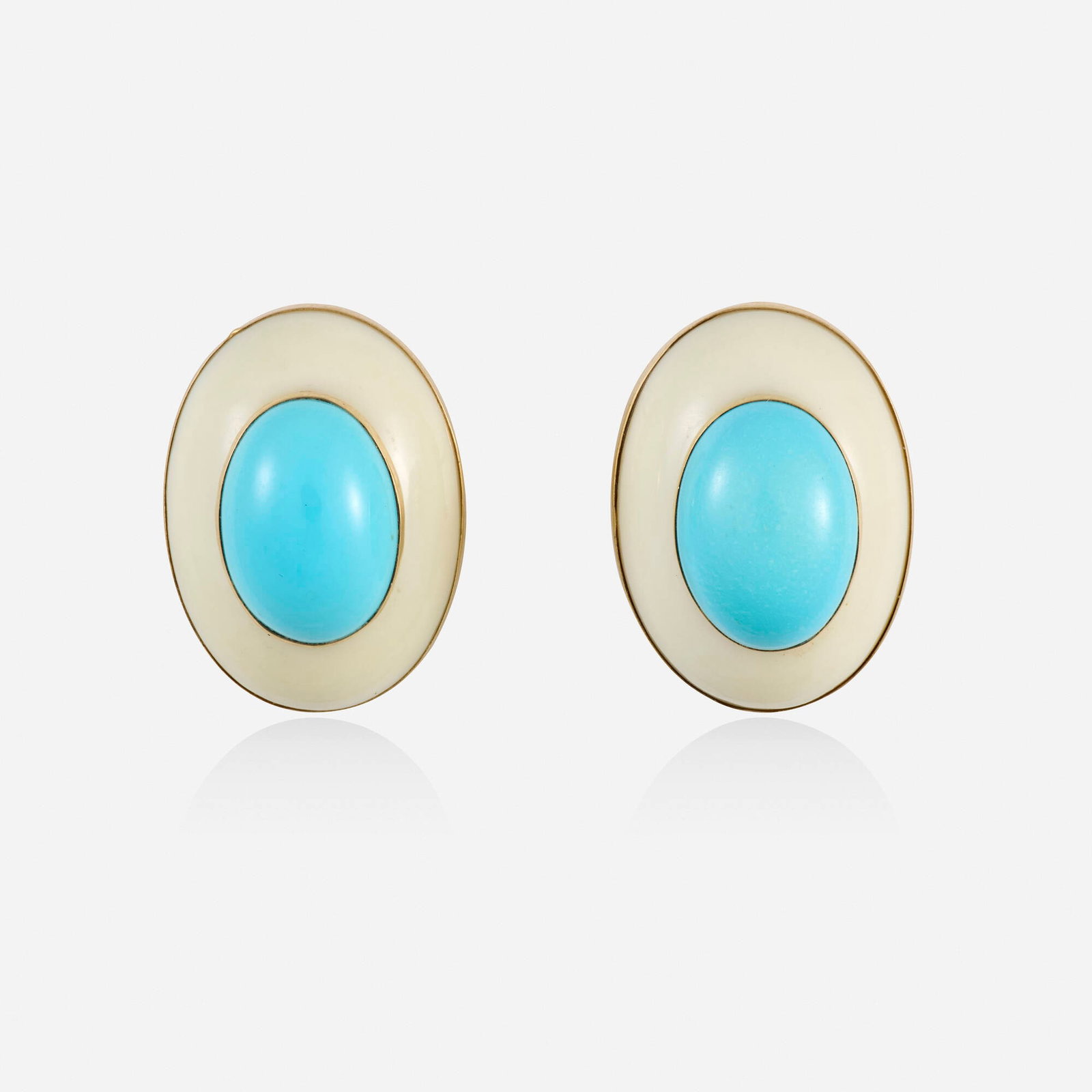 Coral, turquoise, and gold earrings: Coral, turquoise, and gold earrings Each set with cabochon coral and turquoise 14k yellow gold 1.125 x 0.875 in; Gross weight 21.2 dwts This work will ship from Lambertville, New Jersey.