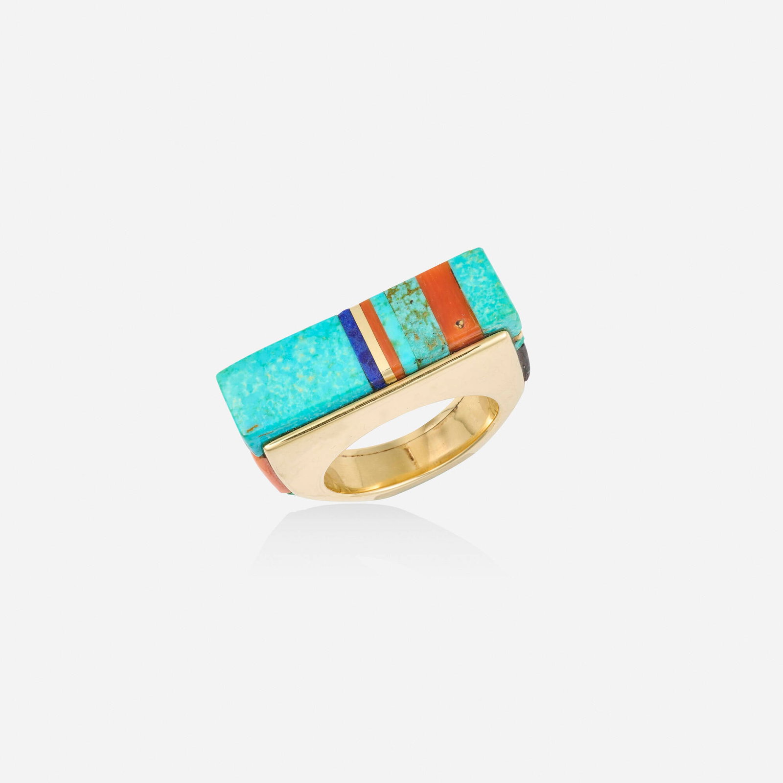 Charles Loloma, Hardstone and gold ring: Charles Loloma Hardstone and gold ring Inlaid with turquoise, coral, lapis lazuli, wood, and gold bars Yellow gold Signed Loloma Ring size 8; Gross weight 10.5 dwts Provenance: Acquired directly from