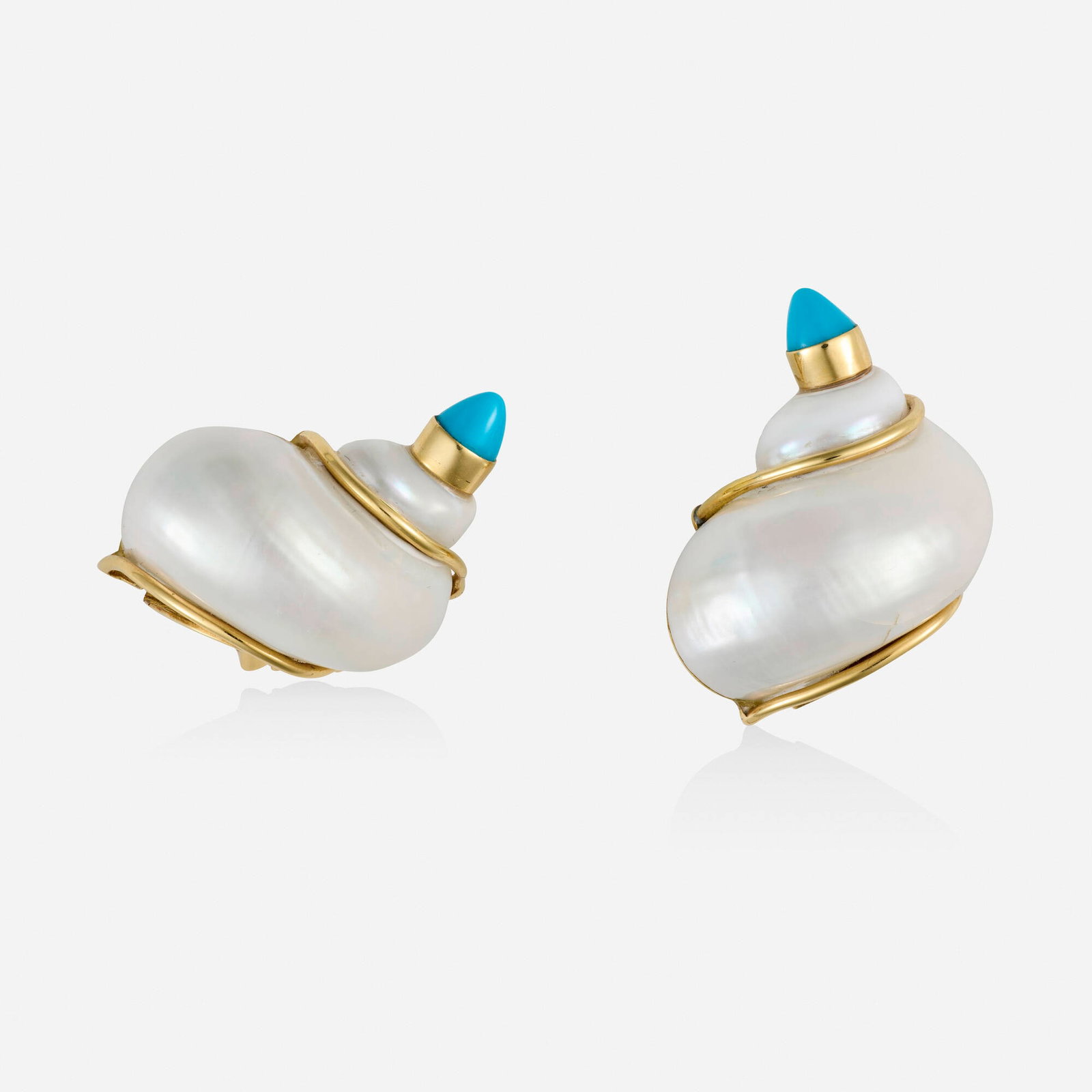 Seaman Schepps, 'Turbo Shell' turquoise and gold earrings: Seaman Schepps 'Turbo Shell' turquoise and gold earrings These earrings are signed P.S.V. for Patricia Schepps Vaill, the daughter of Seaman Schepps, who oversaw the company from 1972 until the late