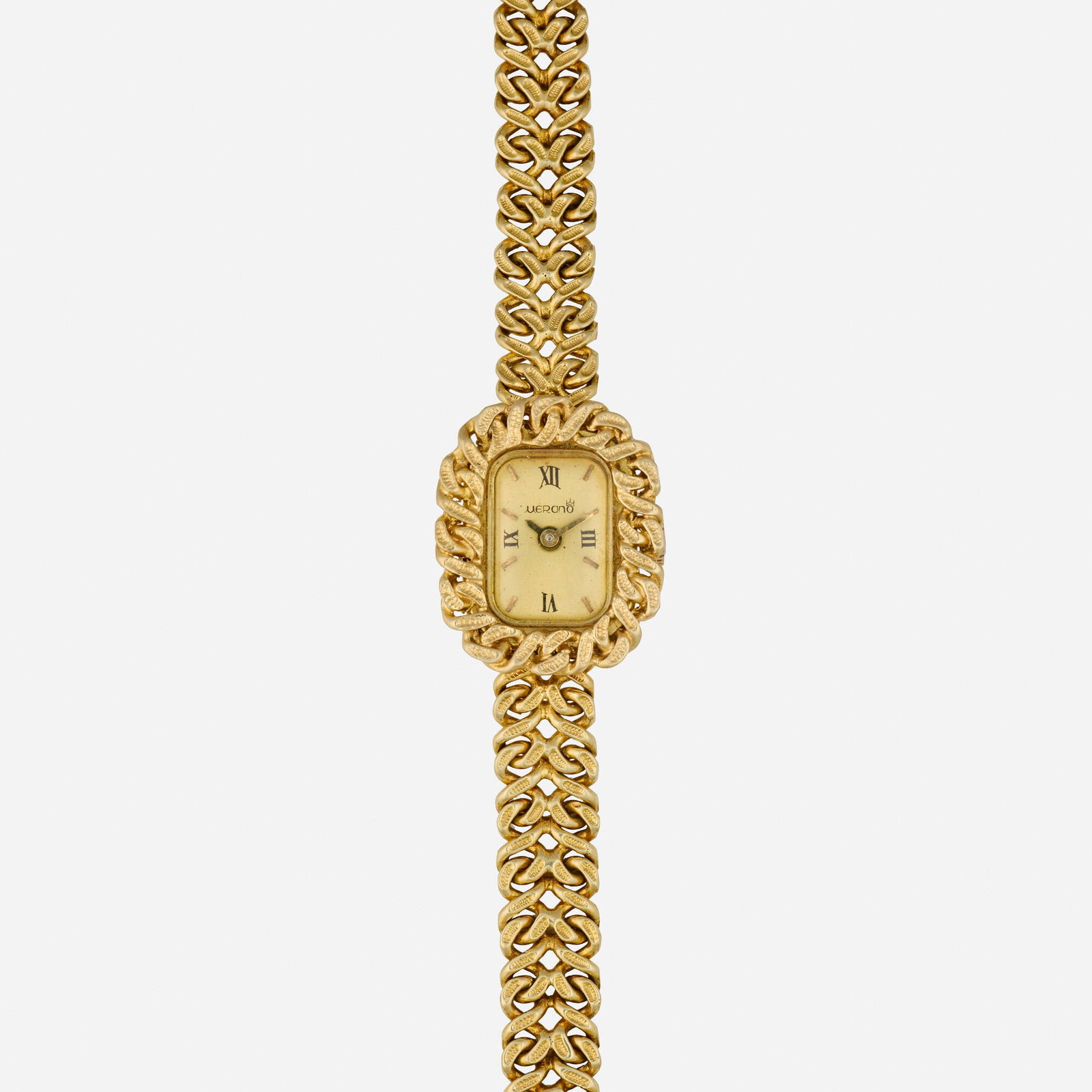 Merano, Gold wristwatch: Merano Gold wristwatch With Roman numeral and baton hours Dial: Gold Movement: Manual wind Case Material: 14k yellow gold Case Size: 15 x 20 mm Buckle/Strap: 14k yellow gold, approx. 6.50 in
