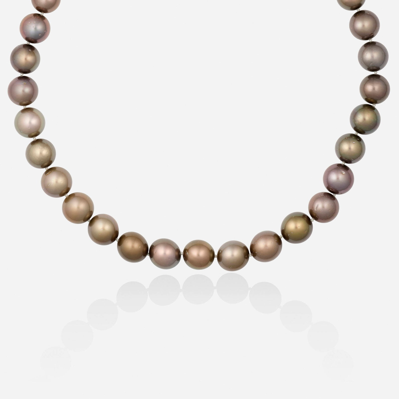 Brown cultured pearl, diamond, and white gold necklace: Brown cultured pearl, diamond, and white gold necklace Strung with 33 graduated brown cultured pearls, the clasp set with single-cut diamonds 18k white gold 16.50 in; Gross weight 49.2 dwts This work