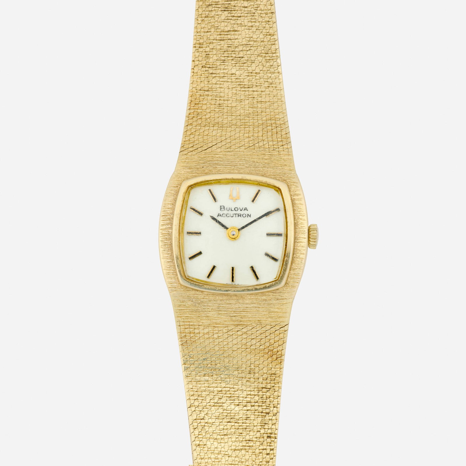 Bulova, Gold wristwatch: Bulova Gold wristwatch With baton hours Dial: Cream Movement: Quartz Case Material: 14k yellow gold Case Size: 24 mm Buckle/Strap: 14k yellow gold, 6.25 in Clasp/Buckle: Jewelry fold over clasp