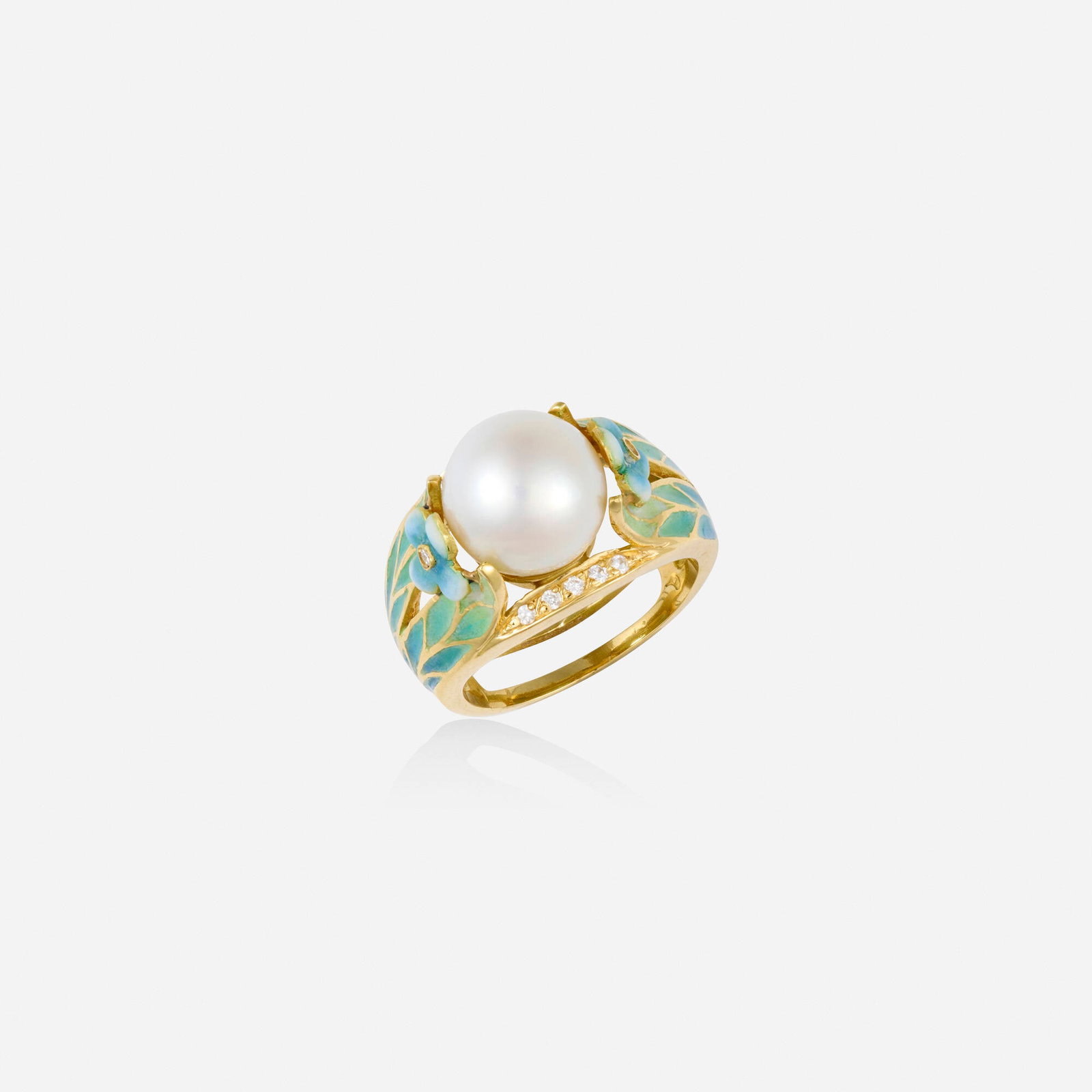 Nouveau 1910, 'Floral Floral' cultured pearl, diamond, and enamel ring (1 of 3)