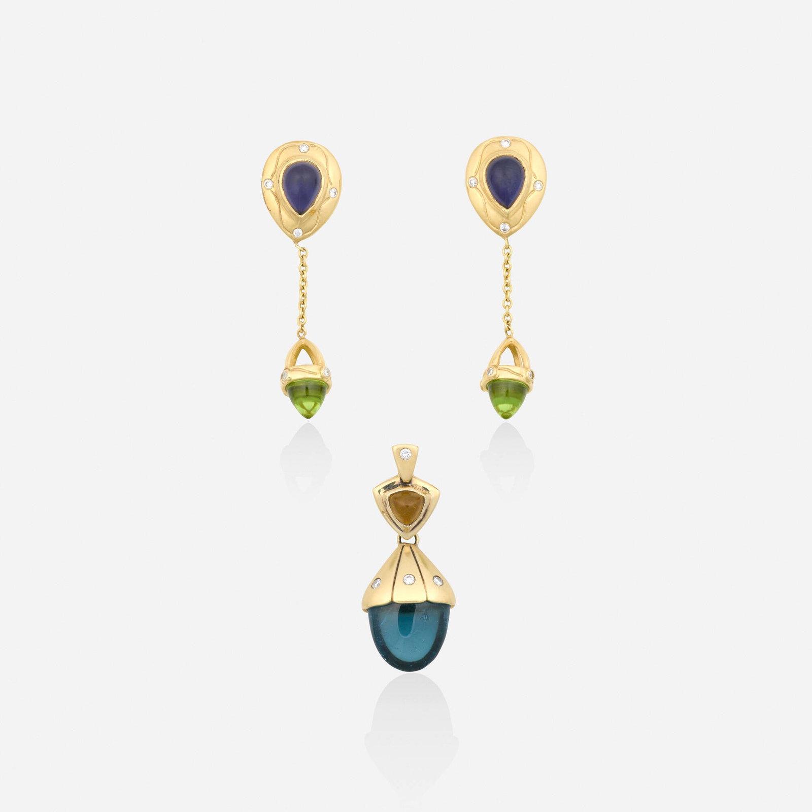 Multi-gem, diamond, and gold earrings and pendant (1 of 2)