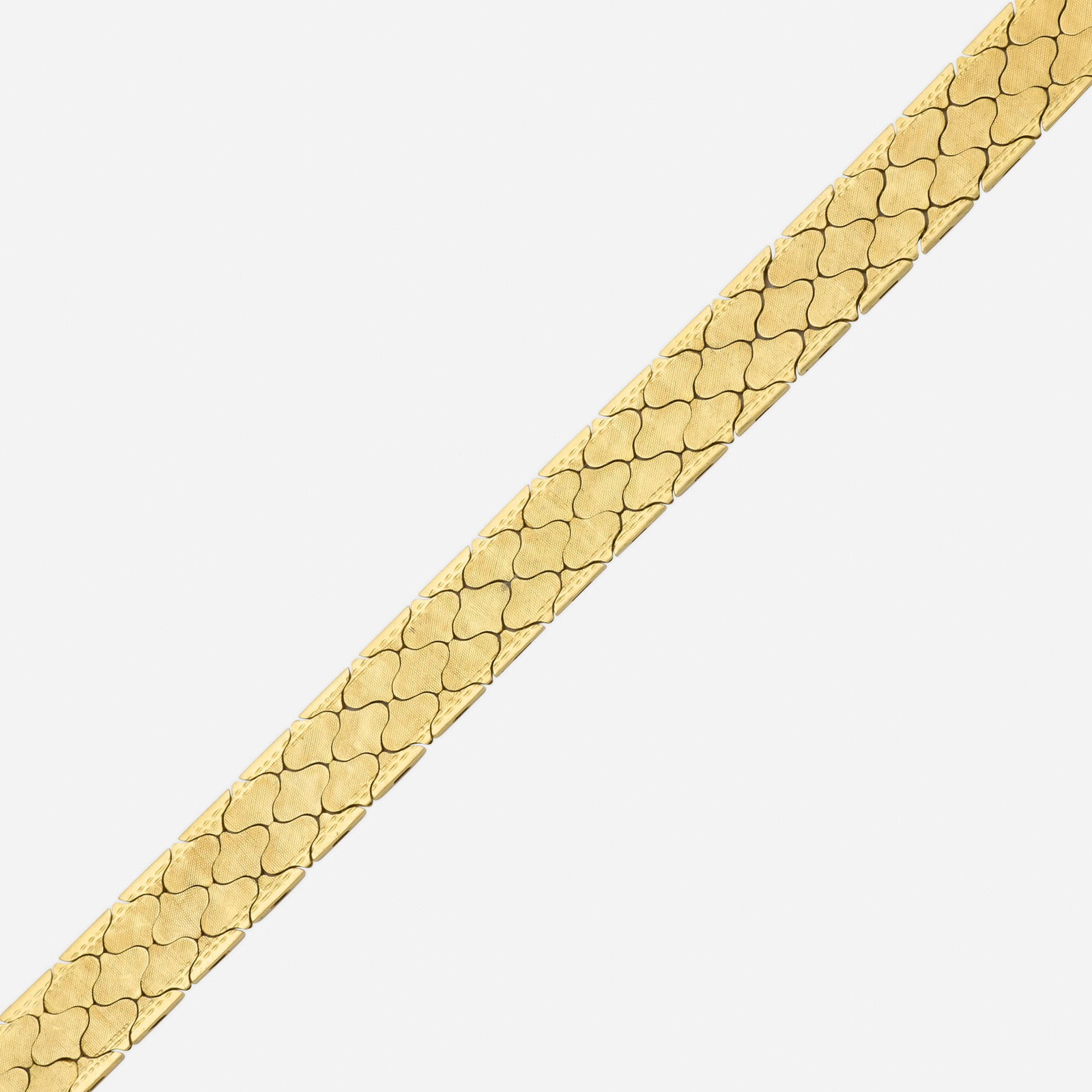 Italian, Gold bracelet: Italian Gold bracelet Of engine-turned design 18k yellow gold 6.375 x 0.375 in; Gross weight 17.1 dwts Provenance: Private New York City Collection This work will s