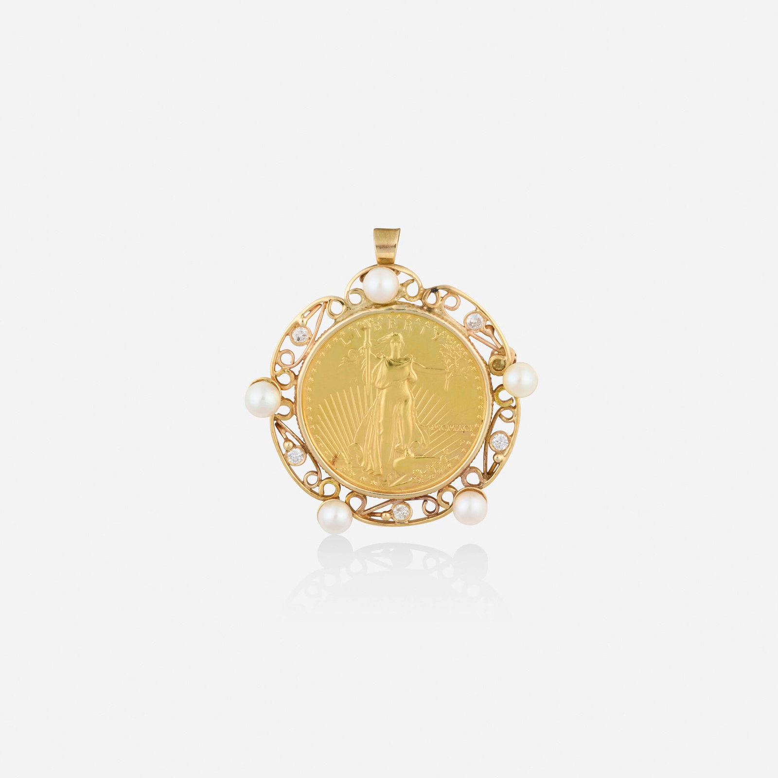 Coin, cultured pearl, and diamond pendant brooch: Coin, cultured pearl, and diamond pendant brooch Set with an American Eagle 1991 $25 gold coin, framed by cultured pearls and round brilliant-cut diamonds Yellow gold 1.625 x 1.625 in; Gross weight 16