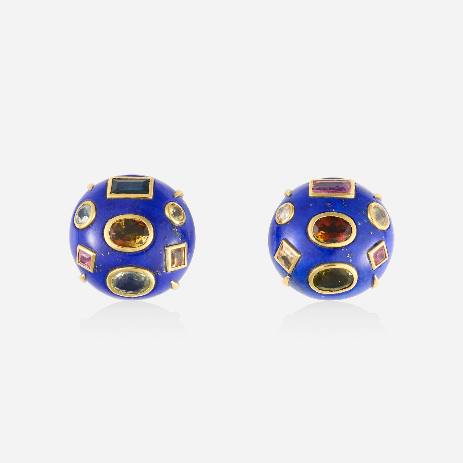 Multi-gem, diamond, and gold earrings: Multi-gem, diamond, and gold earrings Each designed with a cabochon lapis lazuli, inset with a round brilliant-cut diamond, variously-cut andalusite, tourmaline, and sapphire 18k yellow gold 0.875