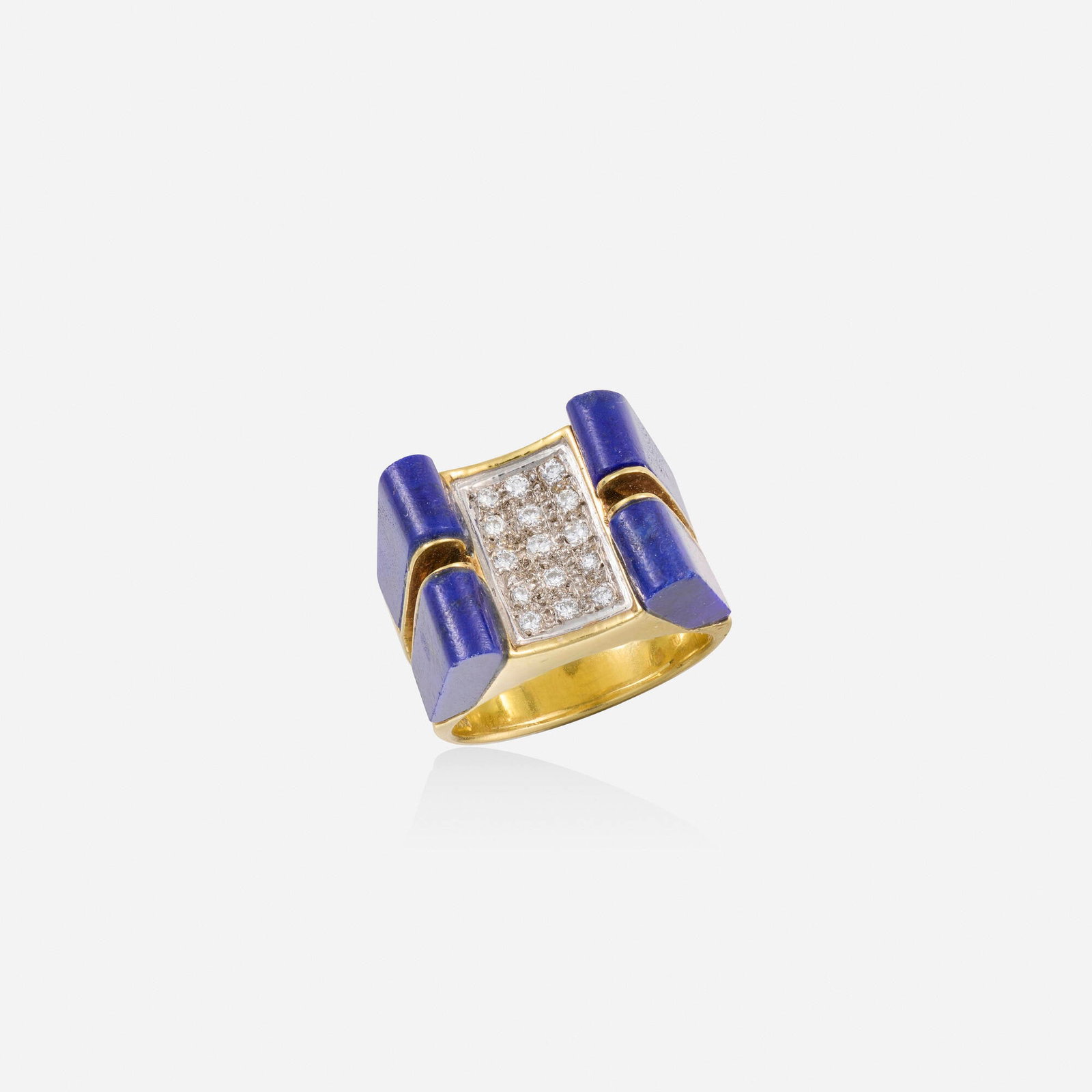 British, Lapis lazuli, diamond, and gold ring: British Lapis lazuli, diamond, and gold ring Set with round brilliant-cut diamonds and cabochon lapis lazuli shoulders; 1977 18k yellow gold Ring size 6.25-6.50; Gross weight 8.8 dwts This work will