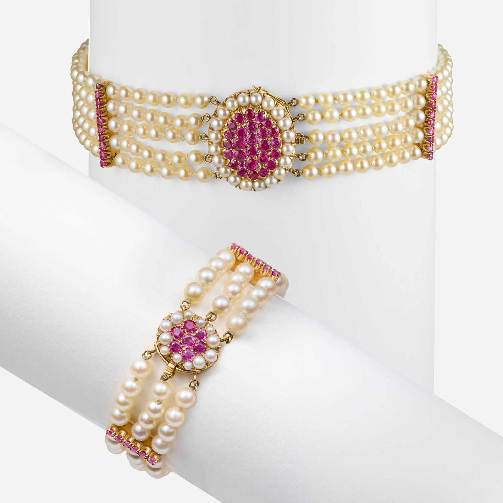 Cultured pearl, ruby, and gold necklace and bracelet (1 of 3)