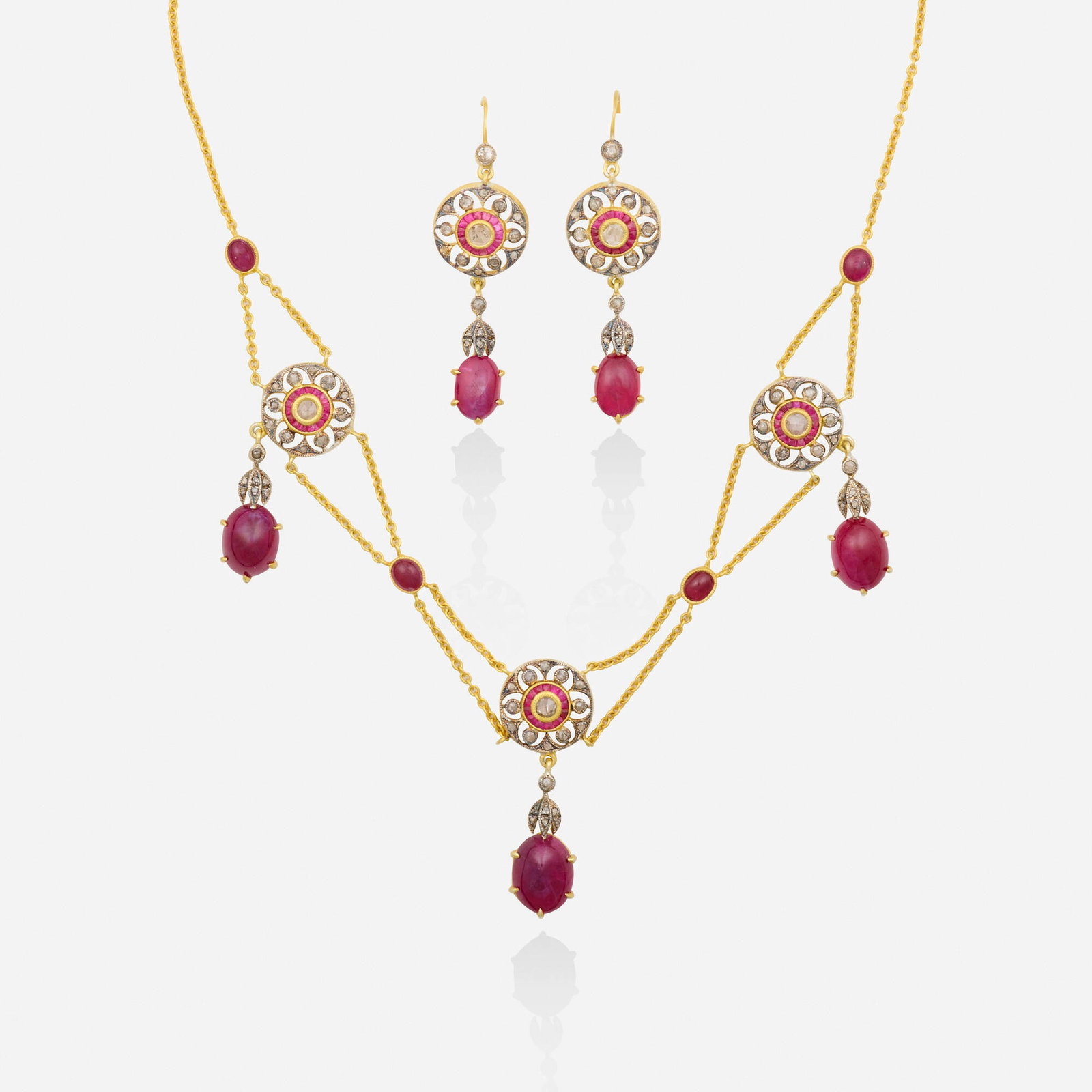 Ruby, diamond, and silver gilt necklace and earrings (1 of 3)