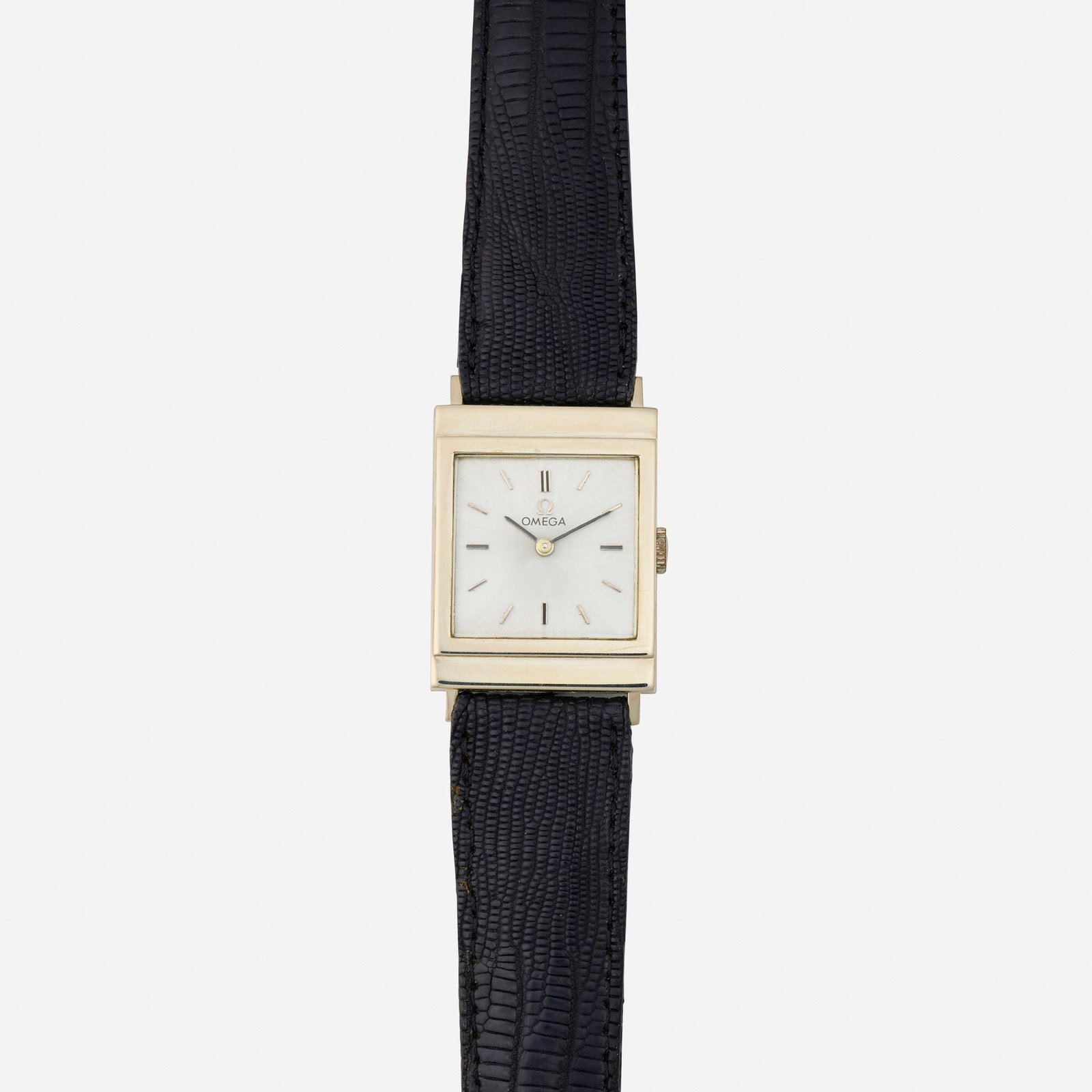 Omega, White gold wristwatch, Ref. D.6697: Omega White gold wristwatch, Ref. D.6697 With baton hours Dial: Silvered Movement: Manual wind Case Material: 14k white gold Case Size: