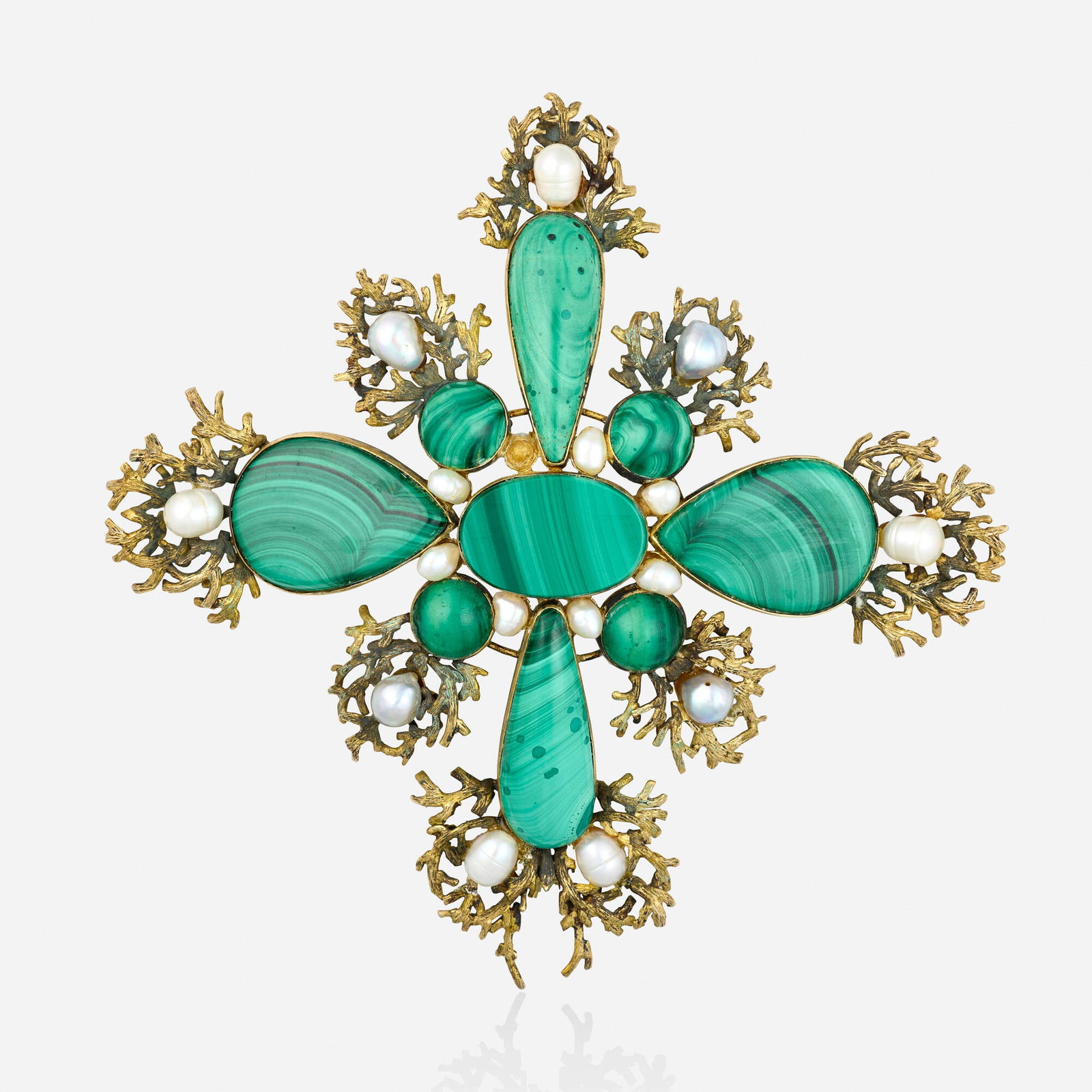Tony Duquette, Malachite, baroque cultured pearl, and silver gilt pendant brooch: Tony Duquette Malachite, baroque cultured pearl, and silver gilt pendant brooch The Maltese cross set with cabochon malachite and baroque cultured pearls Silver gilt Signed Tony Duquette 5.75 x 5.625