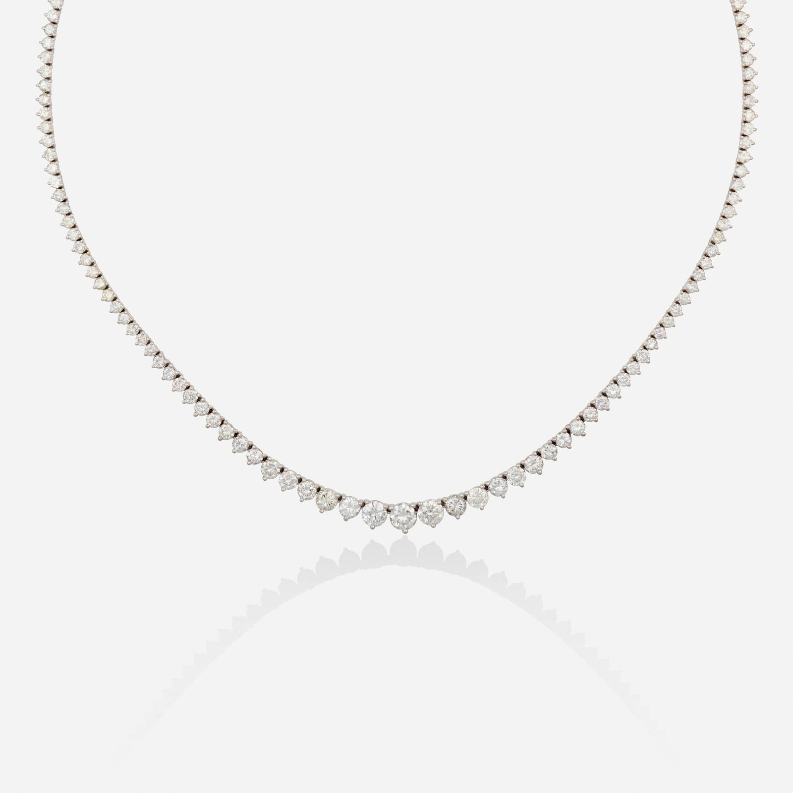 Diamond and white gold necklace: Diamond and white gold necklace Set with graduated round brilliant-cut diamonds 14k white gold 16.50 in; Gross weight 10.0 dwts This work will ship from Lambertville, New Jersey.