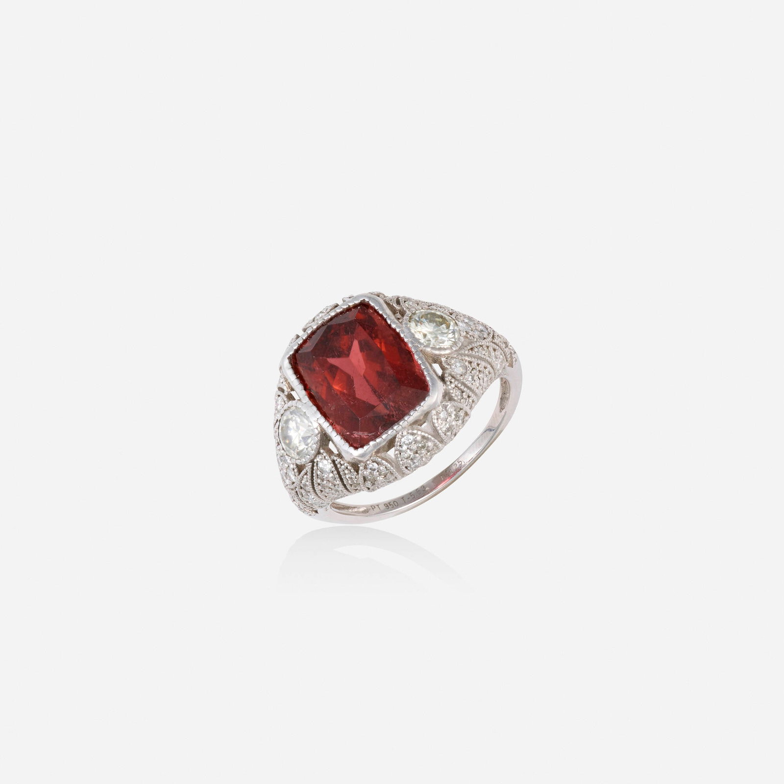 Tourmaline, diamond, and platinum ring: Tourmaline, diamond, and platinum ring Set with a cushion-cut tourmaline and round brilliant-cut diamonds Platinum Ring size 5.75; Gross weight 4.6 dwts This work will ship from Lambertville, New