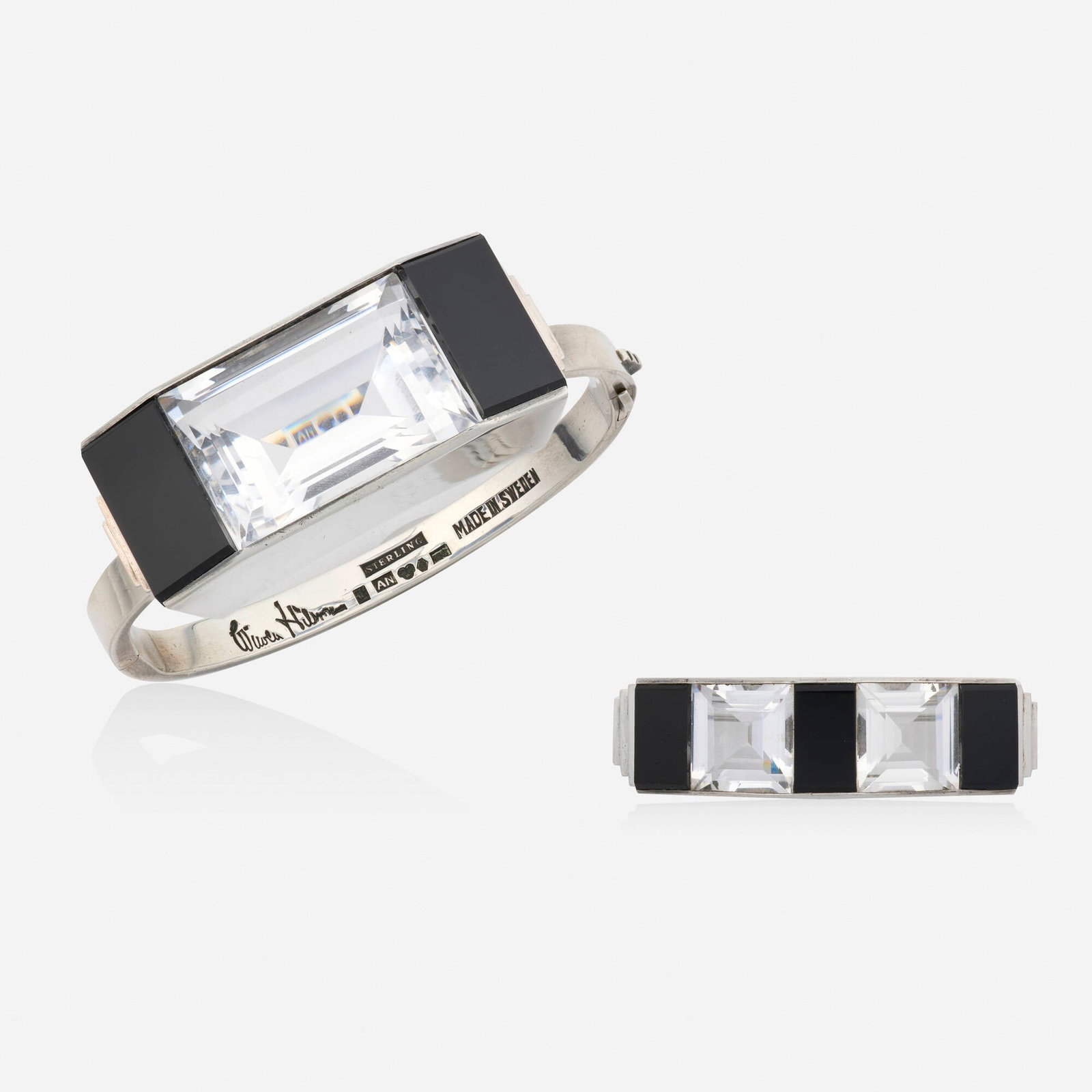 Wiwen Nilsson, Rock crystal, black onyx, and sterling silver bracelet and brooch (1 of 2)