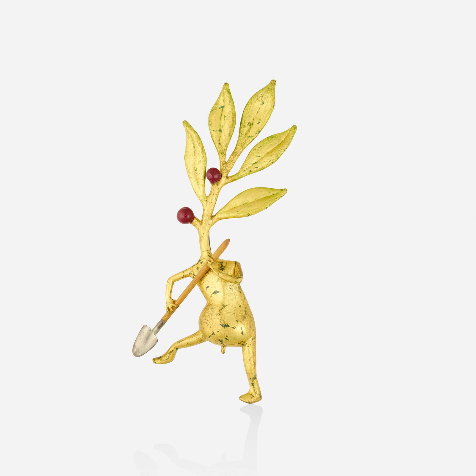 Bruce Metcalf, 'Figure Pin' brooch: Bruce Metcalf 'Figure Pin' brooch Of whimsical design, no. 107; 1995 Gold leaf, wood, paint, brass, base metal Signed Metcalf 5.125 x 2.25 in; Gross weight 13.8 dwts Provenance: Collection of Mari