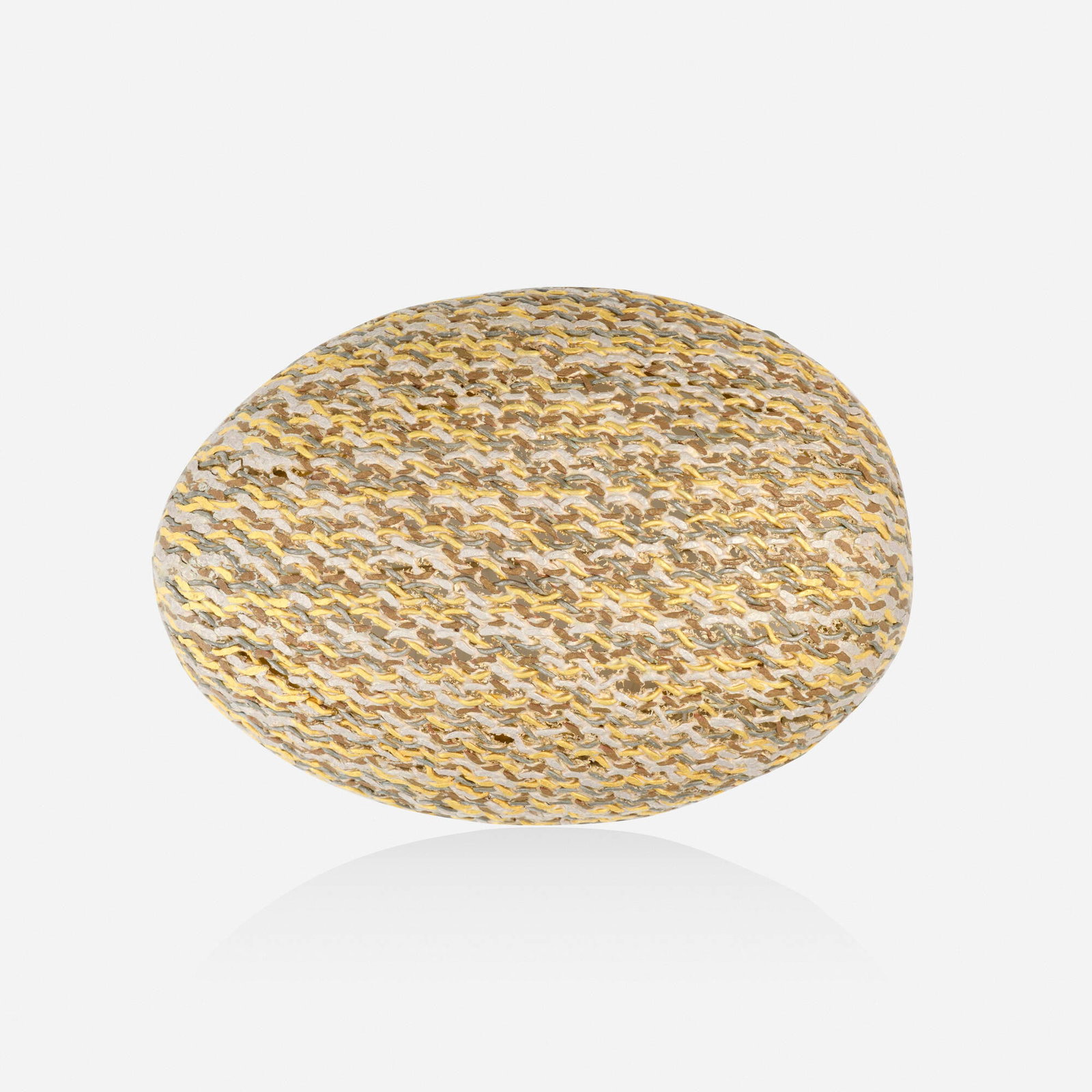 Francesco Pavan, Mixed metal brooch: Francesco Pavan Mixed metal brooch Of woven design Gold, silver, copper, nickel silver Signed Pavan 3.50 x 2.50 in; Gross weight 60.4 dwts Sold with original box and illustration Provenance: