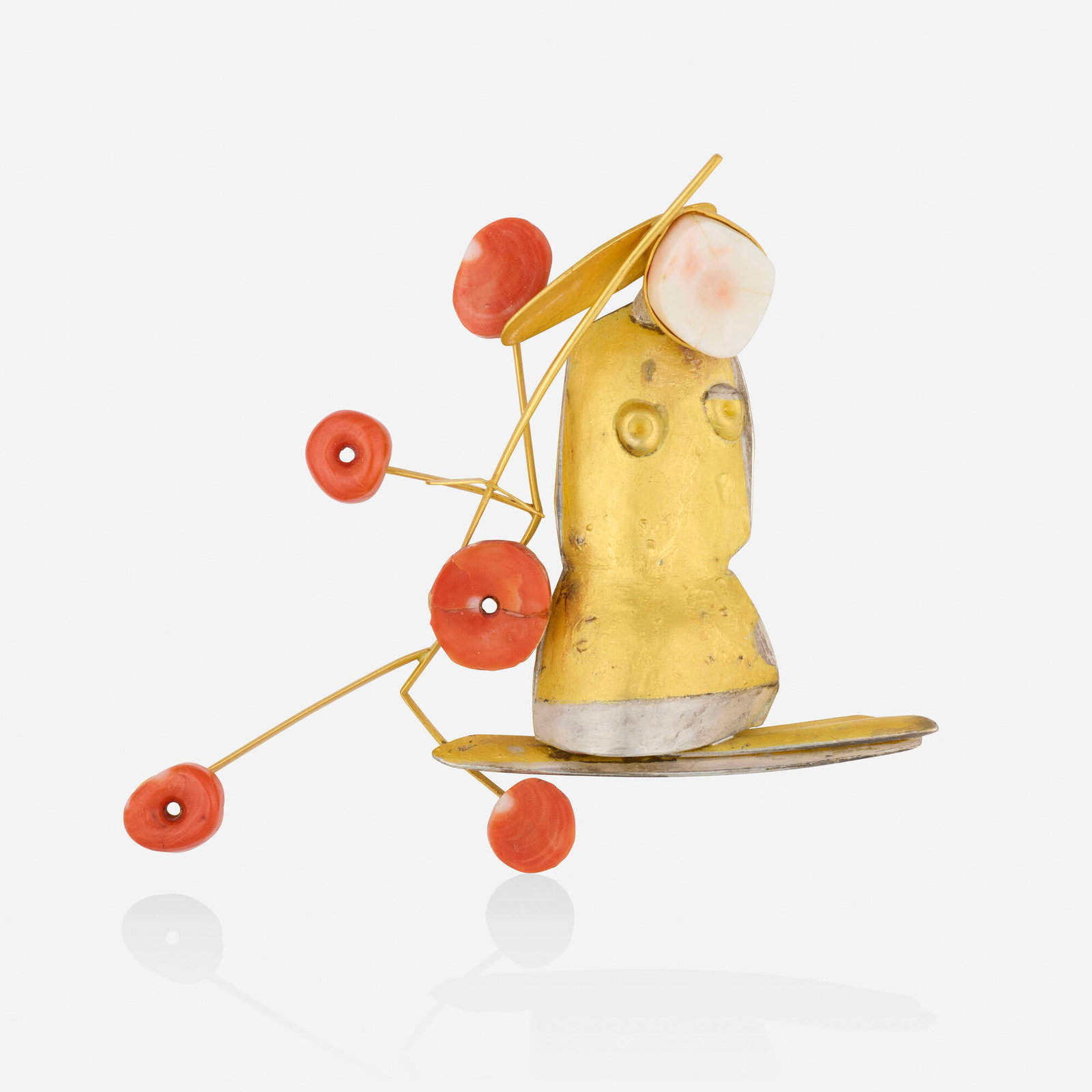 Manfred Bischoff, 'Grasblute' coral and gold brooch: Manfred Bischoff 'Grasblute' coral and gold brooch Of sculptural design, set with carved coral; 1999 Yellow gold, silver Signed MB 3.50 x 3.75 in; Gross weight 34.0 dwts Sold with artist's