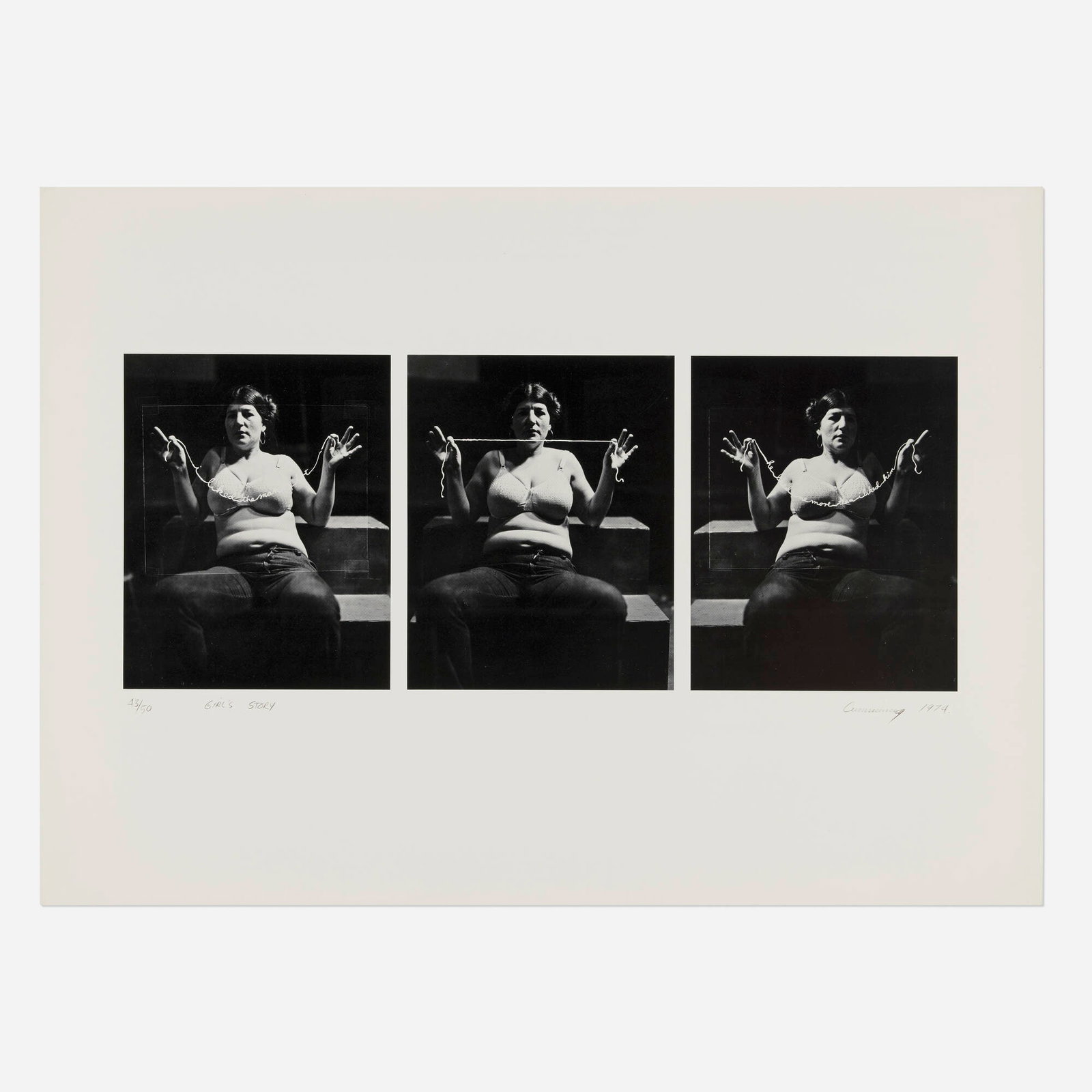 Robert Cumming, Girl's Story: Robert Cumming Girl's Story 1974 photolithograph image: 10 h x 25 w in (25 x 63 cm) sheet: 21.5 h x 30 w in (55 x 76 cm) Signed, titled, dated and numbered to lower edge '43/50 Girl's Story