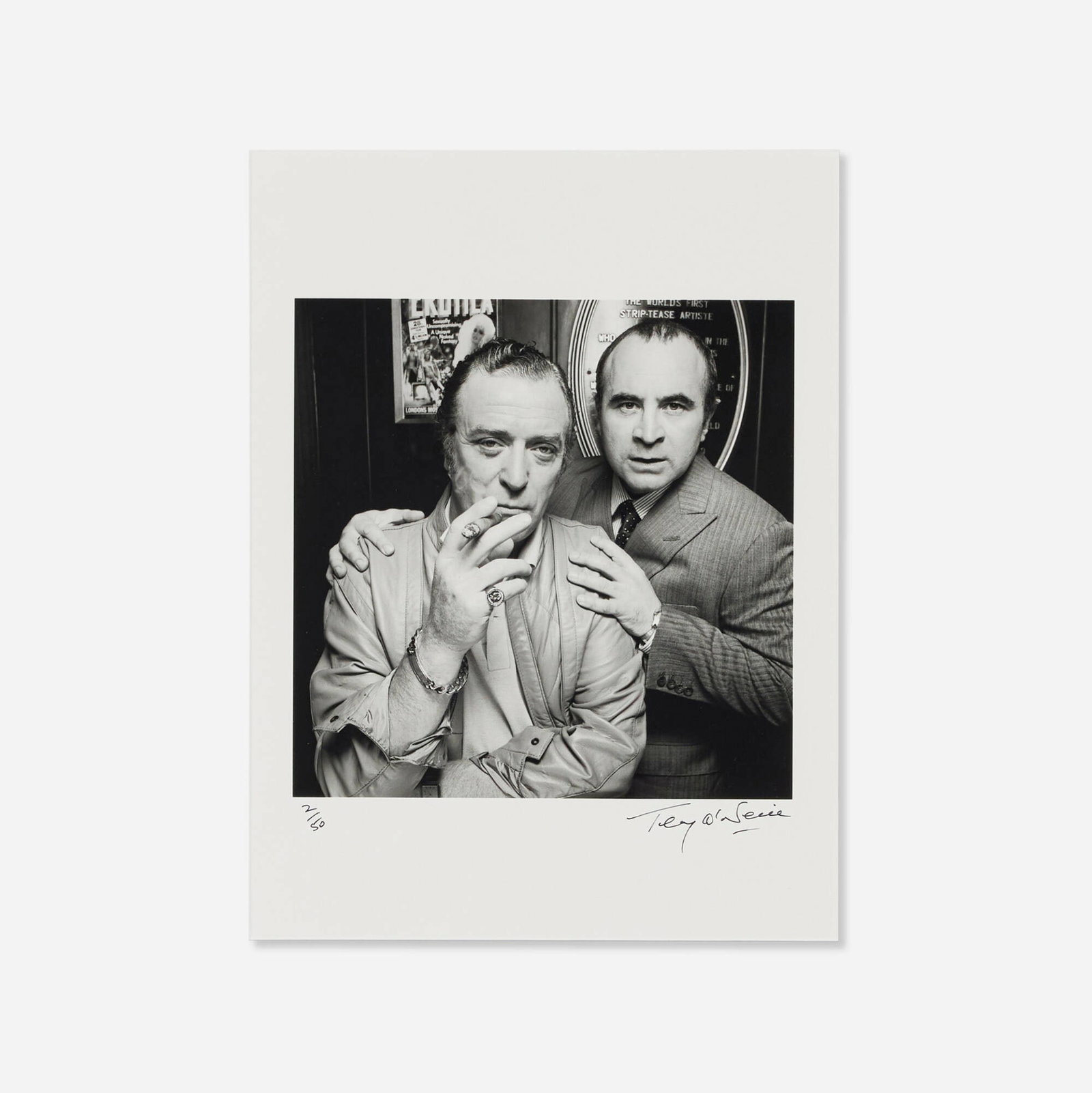Terry O'Neill, Michael Caine and Bob Hoskins: Terry O'Neill Michael Caine and Bob Hoskins 1985 / printed later gelatin silver print image: 9.75 h x 10 w in (25 x 25 cm) sight: 15.75 h x 11.75 w in (40 x 30 cm) Signed and numbered to lower edge
