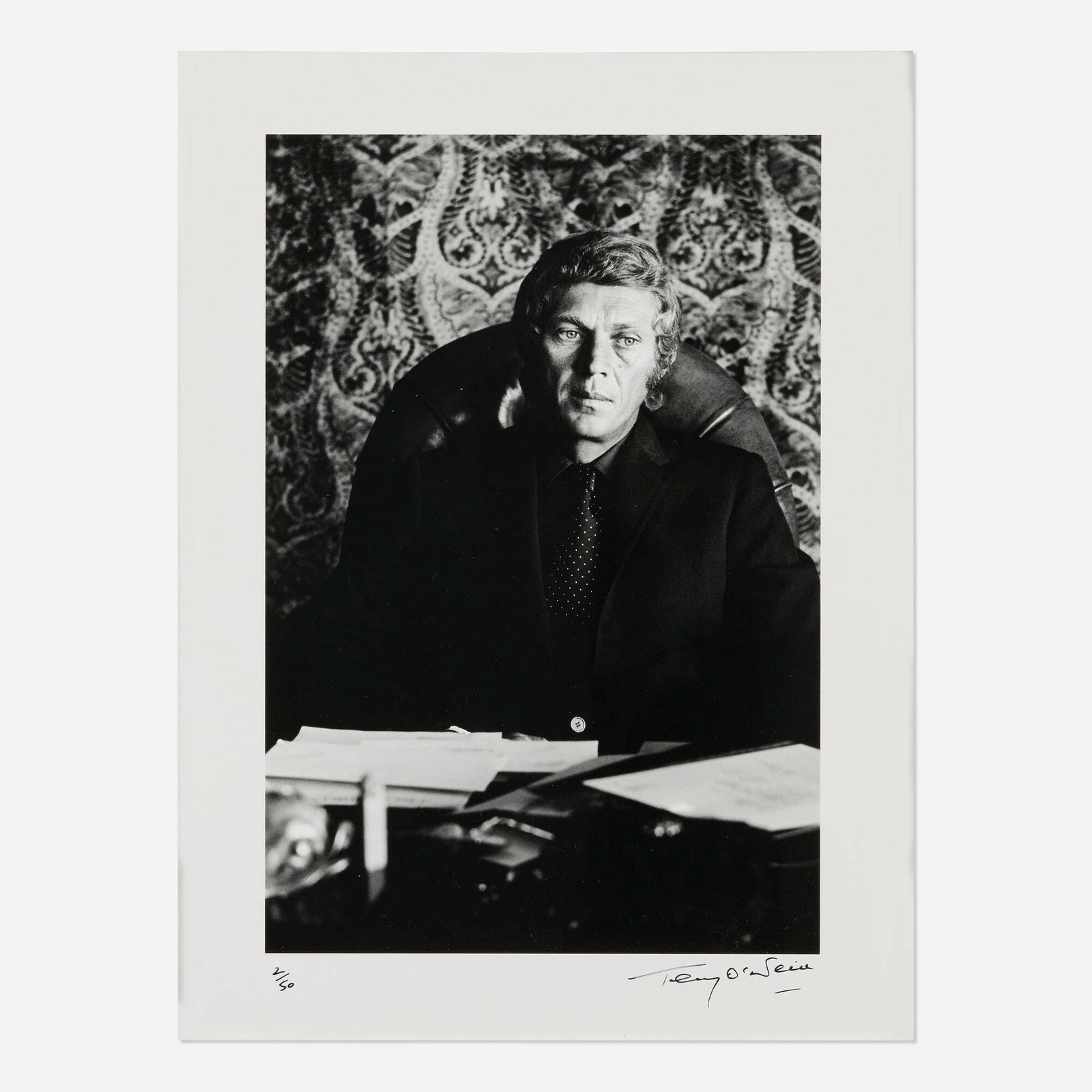 Terry O'Neill, Steve McQueen: Terry O'Neill Steve McQueen 1969 / printed later gelatin silver print image: 13 h x 8.875 w in (33 x 23 cm) sight: 15.5 h x 11.5 w in (39 x 29 cm) Signed and numbered to lower margin '2/50 Terry