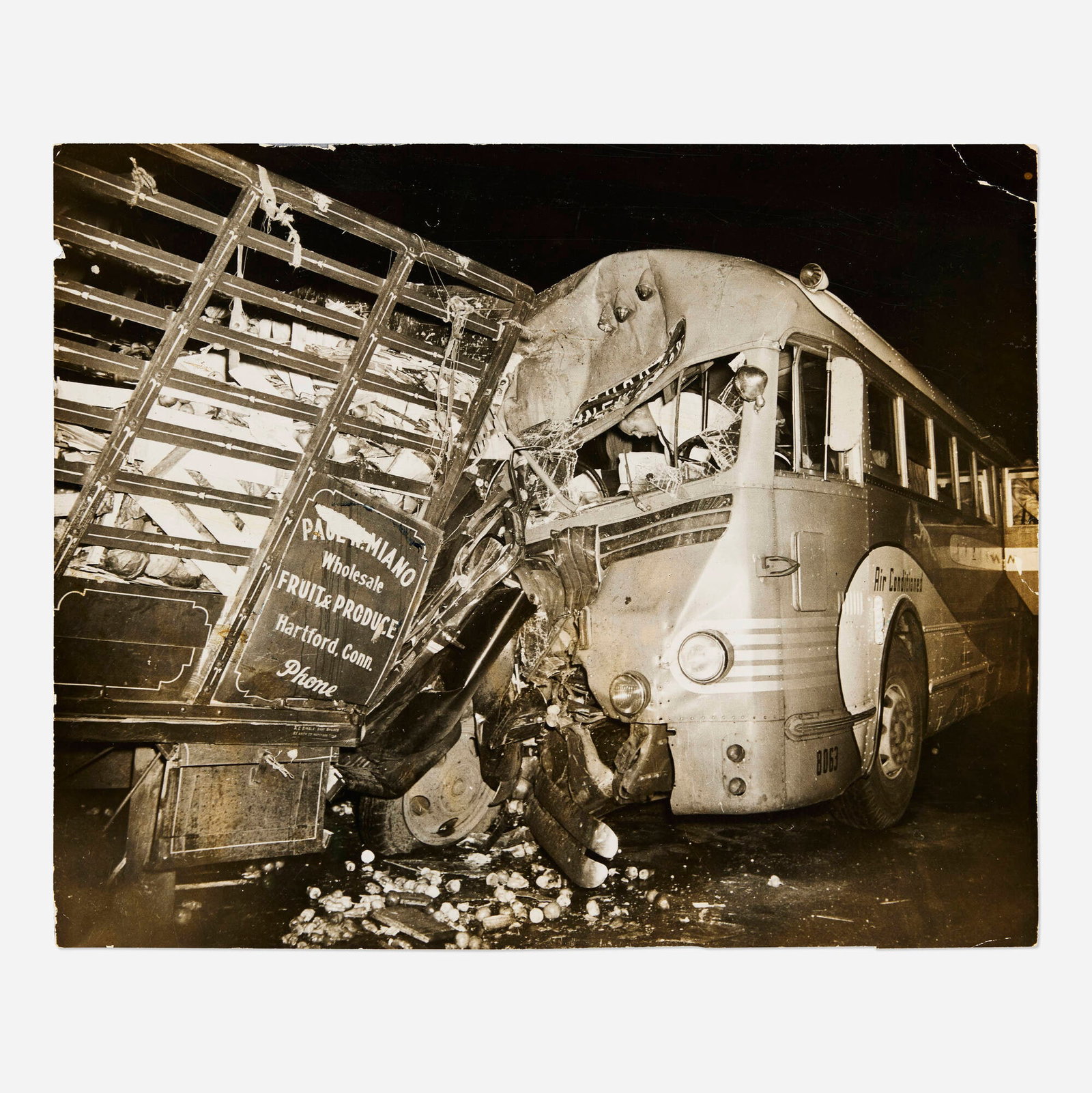 Weegee, Bus and Produce Truck Crash: Weegee Bus and Produce Truck Crash c. 1940-49 vintage gelatin silver print 10.75 h x 13.25 w in (27 x 34 cm) Artist's stamp to verso 'Weegee'. This work will